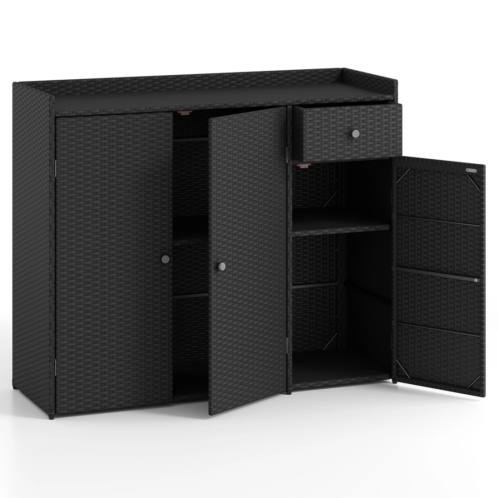 SUGIFT 48-in 3-Door 110-lb Countertop PE Wicker Rattan Outdoor Storage Cabinet with Drawer and 2 Shelves