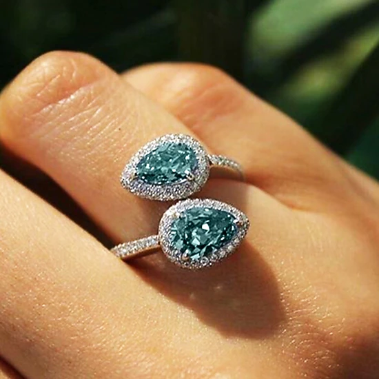 Wardrobe Whimsy Womens Pear Cut Teal Cubic Zirconia Bypass Halo Ring Silver Tone Two Stone Statement Ring