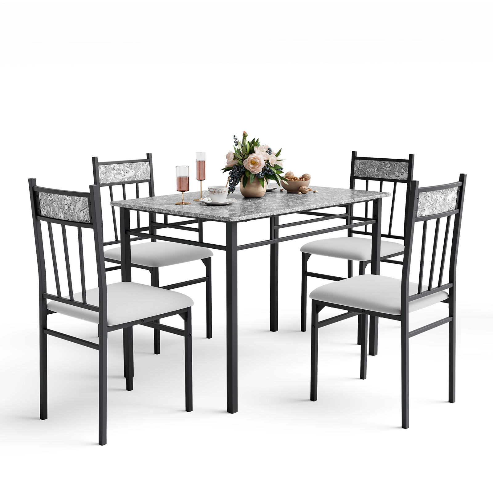 SUGIFT 5 Piece Dining Set Faux Marble Table and 4 Chairs with Steel Frame