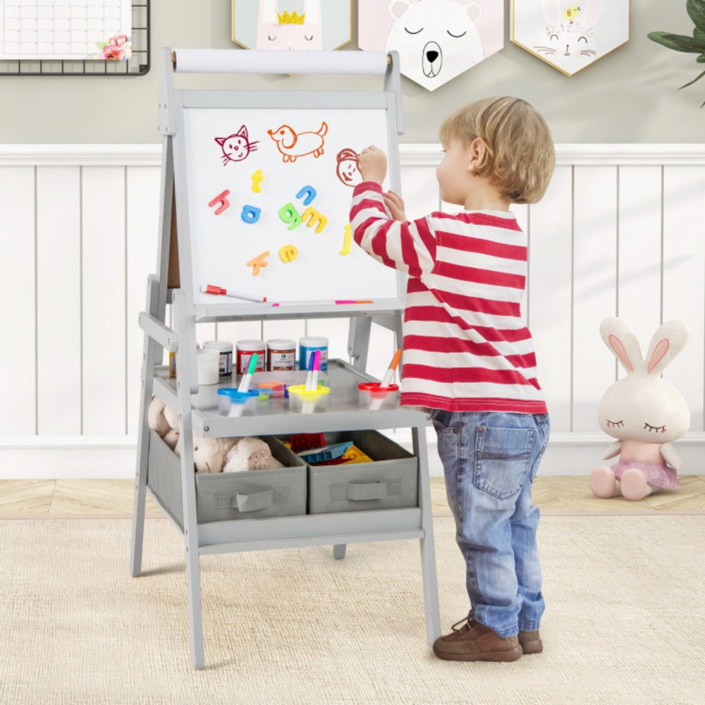 SUGIFT Gray Magnetic Boards Paint Cups and 2 Fabric Storage Bins 3-in-1 Kids Art Easel