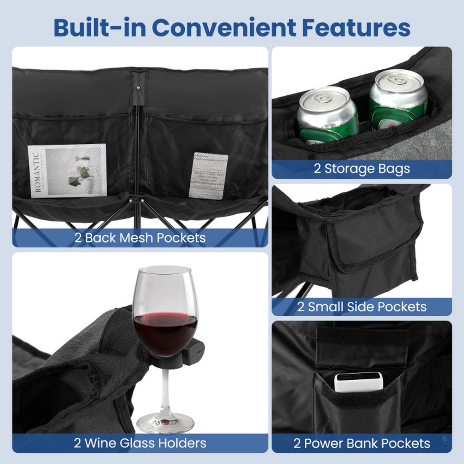 SUGIFT Black Heated 2-Person Camping Chair with 4 Heating Zones 58-in W 23.5-in D 37-in H 660-lb Seat Capacity