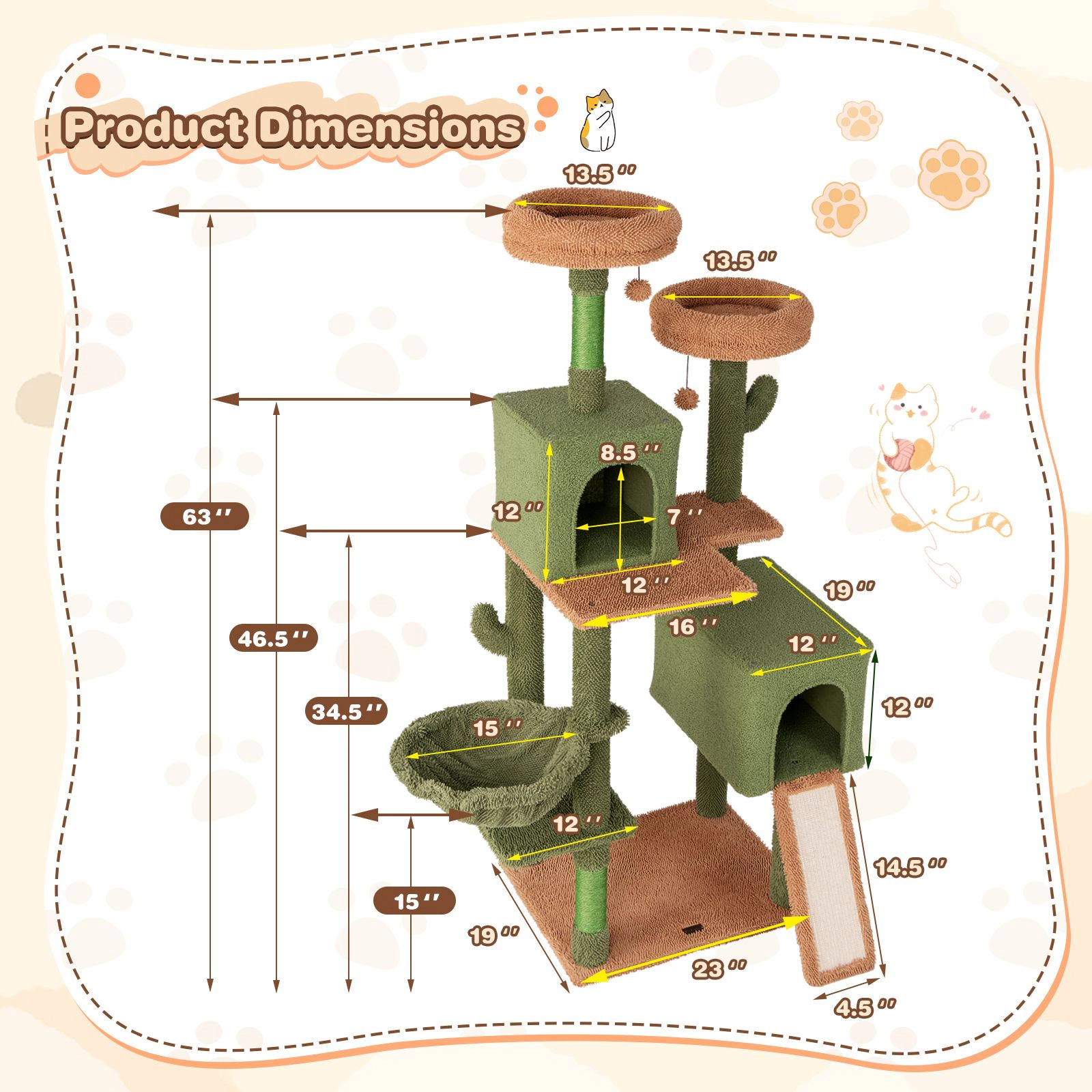 SlickBlue Cactus Cat Tree with 2 Condos, Basket & Scratching Posts