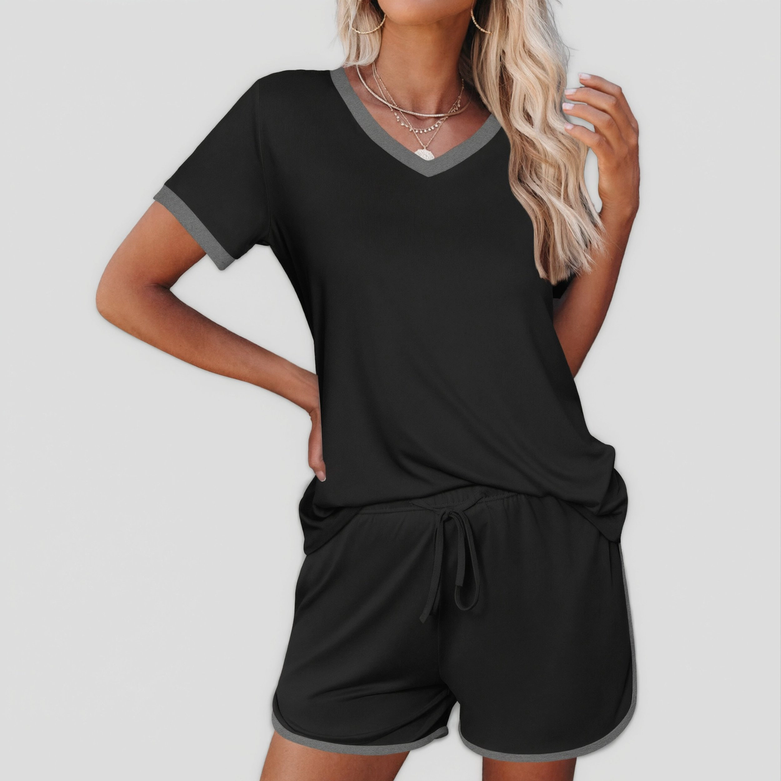 Ekouaer Women's V Neck Short Sleeve Heart Print Pajama Shorts Set