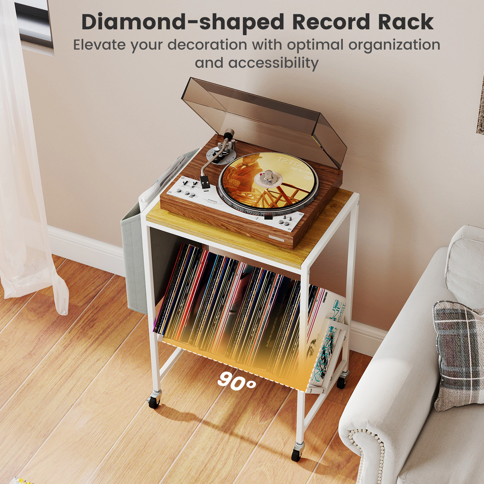 SUGIFT Rolling 2-Tier Record Player Stand with Vinyl Storage and Magazine Holder 55-lb Tabletop Capacity Natural & White