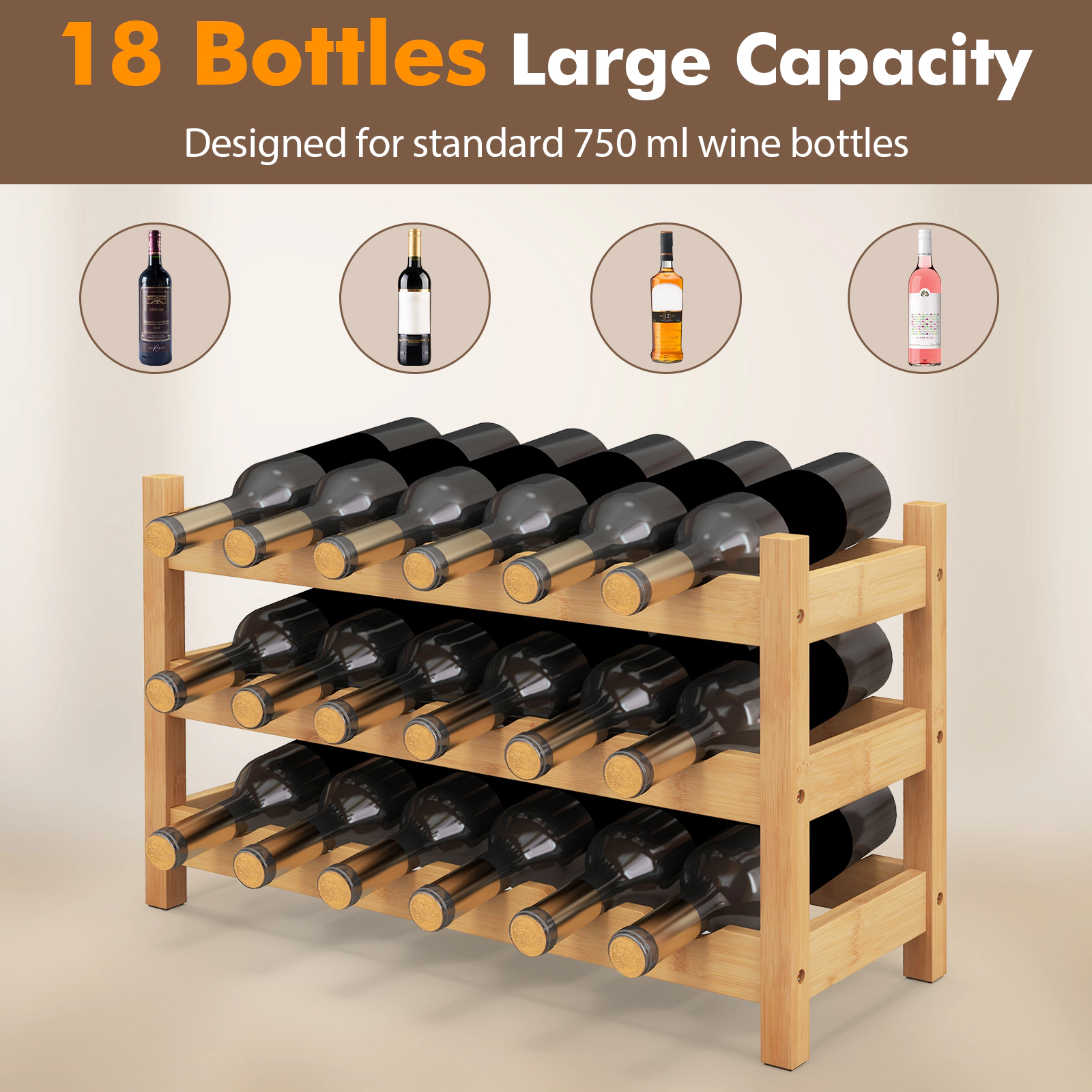 SUGIFT 3-Tier Bamboo Wine Rack Natural Freestanding Countertop Bottle Organizer