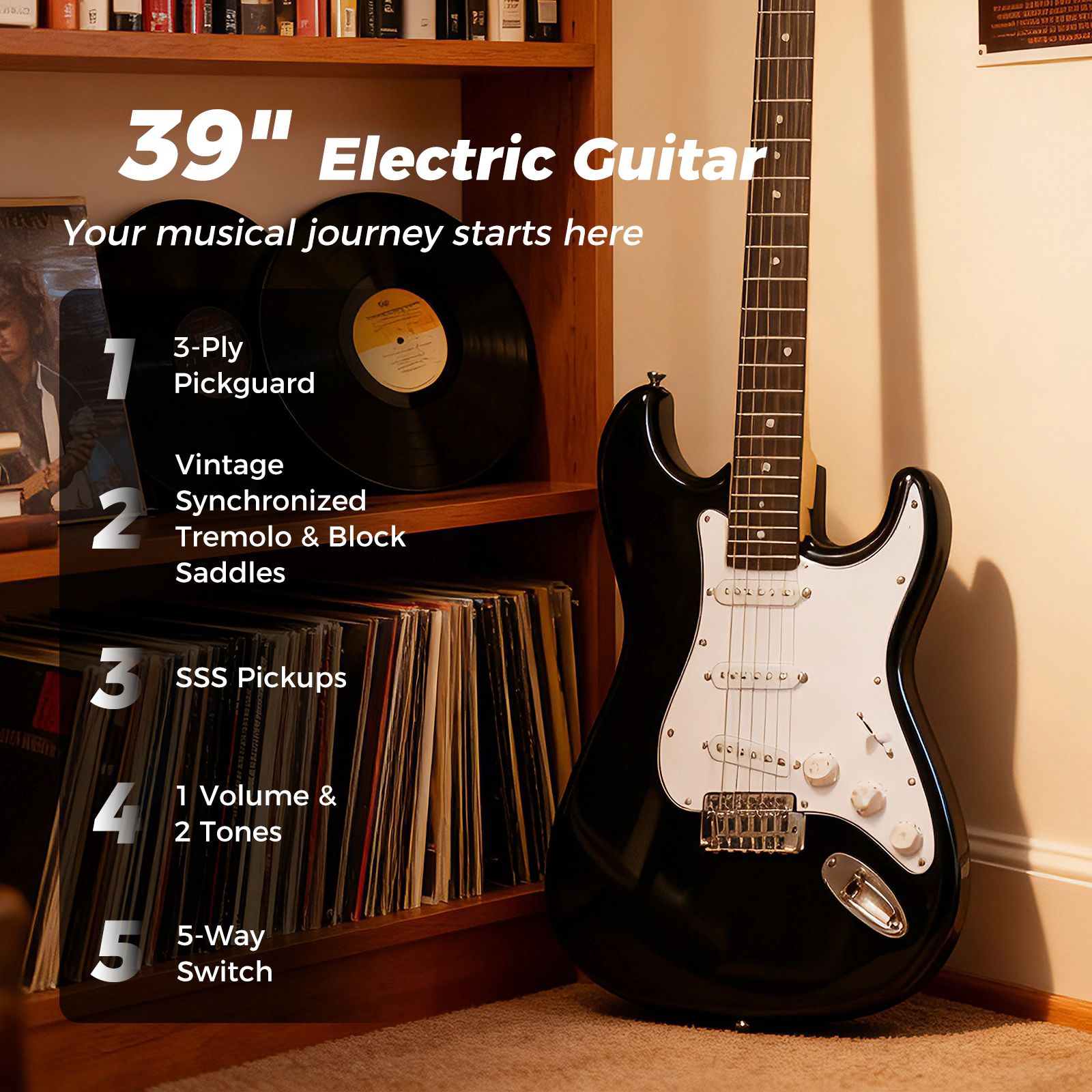 SUGIFT Black 39-in Full Size Electric Guitar Beginner Kit with 15W Amplifier Gig Bag and Digital Tuner