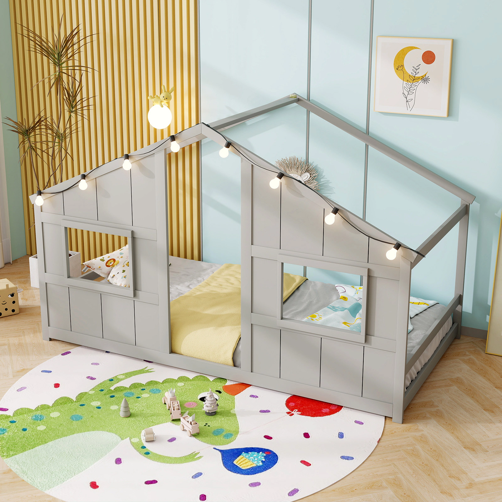 SUGIFT Twin Size Slat-Free House Floor Bed with LED Lights 51-in Tall Toddler Bed Solid Wood Frame Gray White Natural
