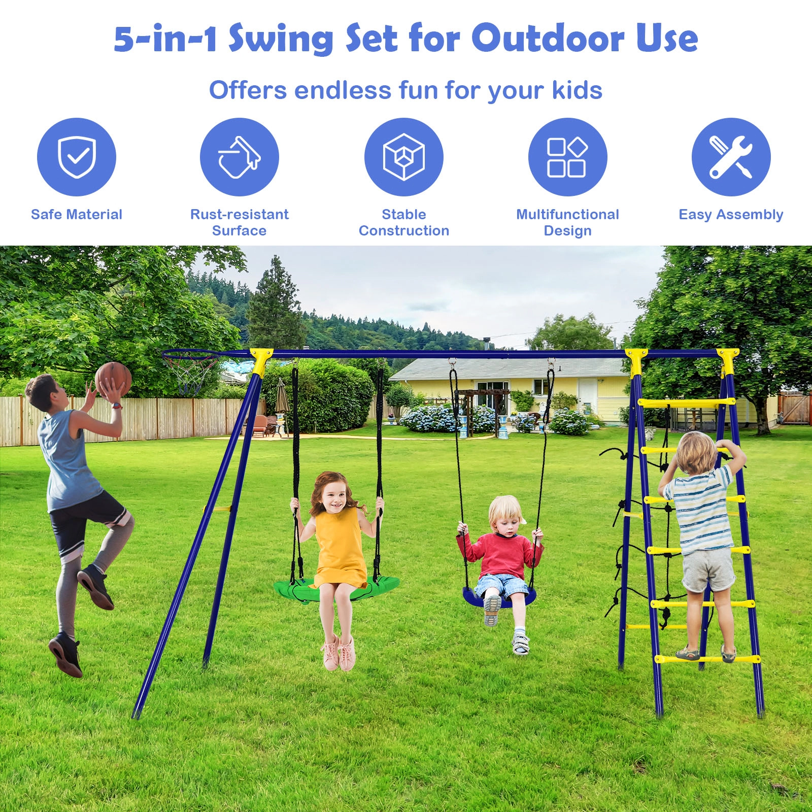 SUGIFT Kids Blue 5-in-1 Metal Swing Set with Basketball Hoop and Climbing Net 116-in W 69.5-in H 166-lb Per Seat