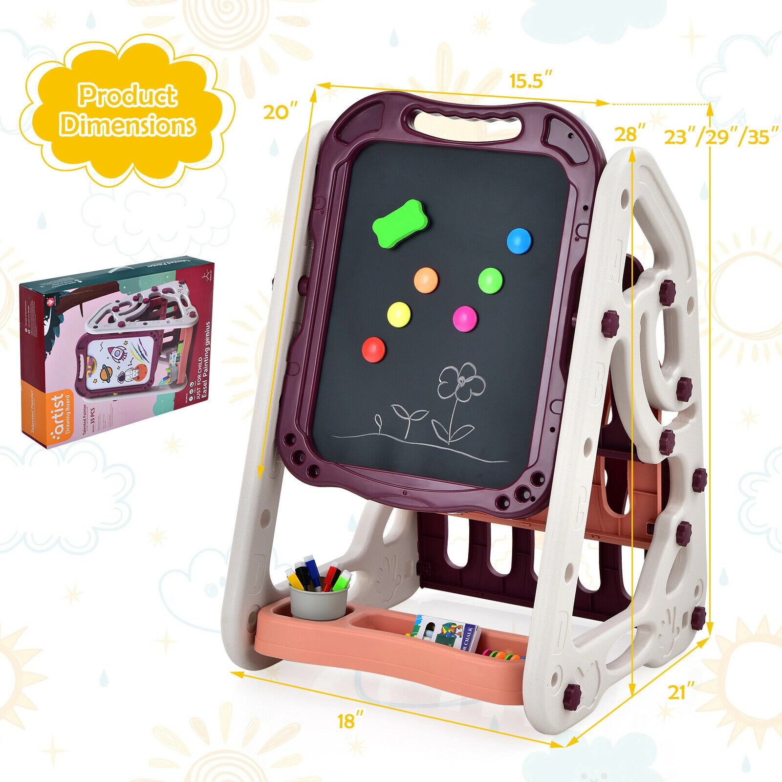 SUGIFT Red Bookshelf and Art Accessories 3-in-1 Kids Art Easel Double-Sided Board