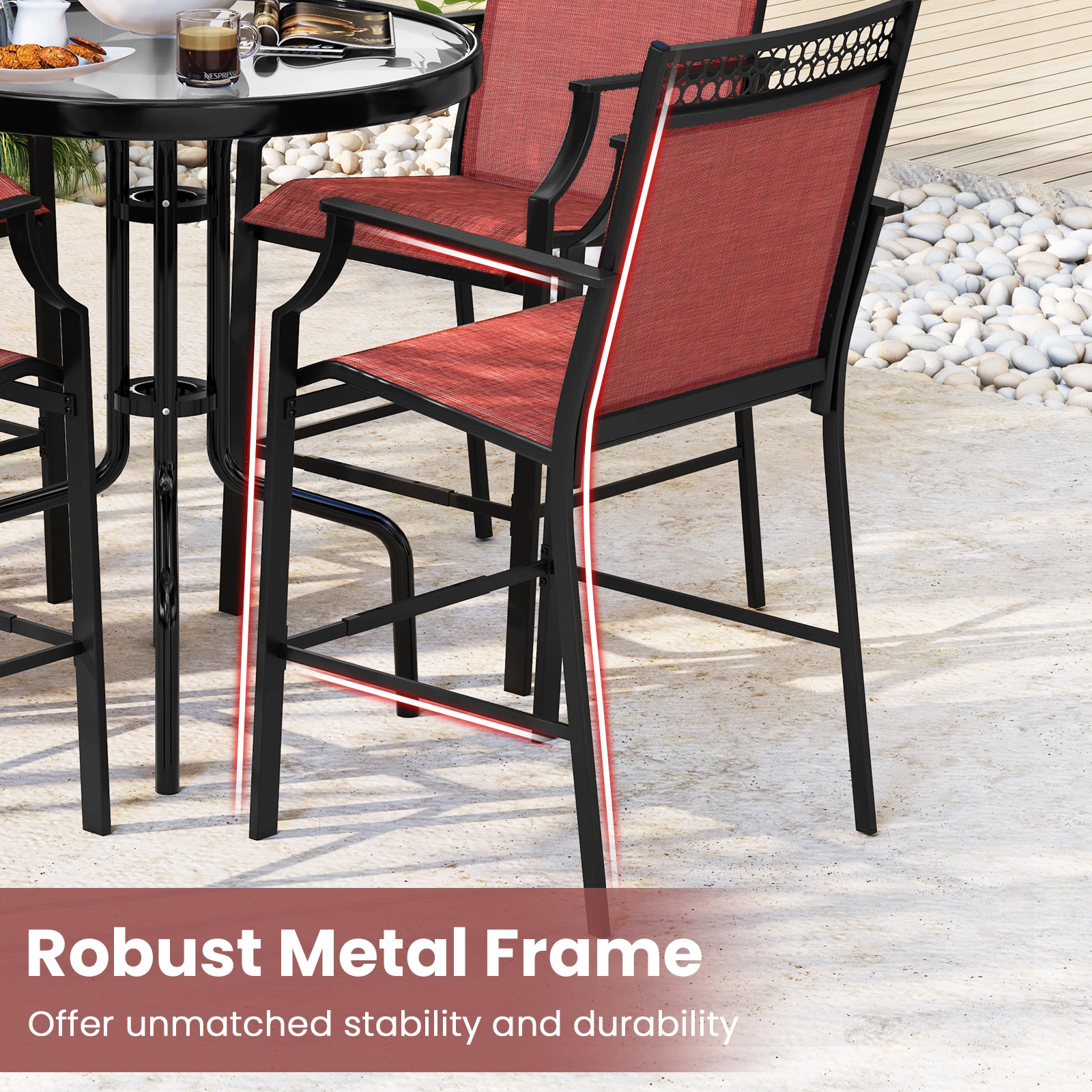 SUGIFT Outdoor Counter Bar Set of 2 Heavy-Duty Barstools with Footrest & Armrests 400-lb Capacity 45-in Tall 25-in Seat