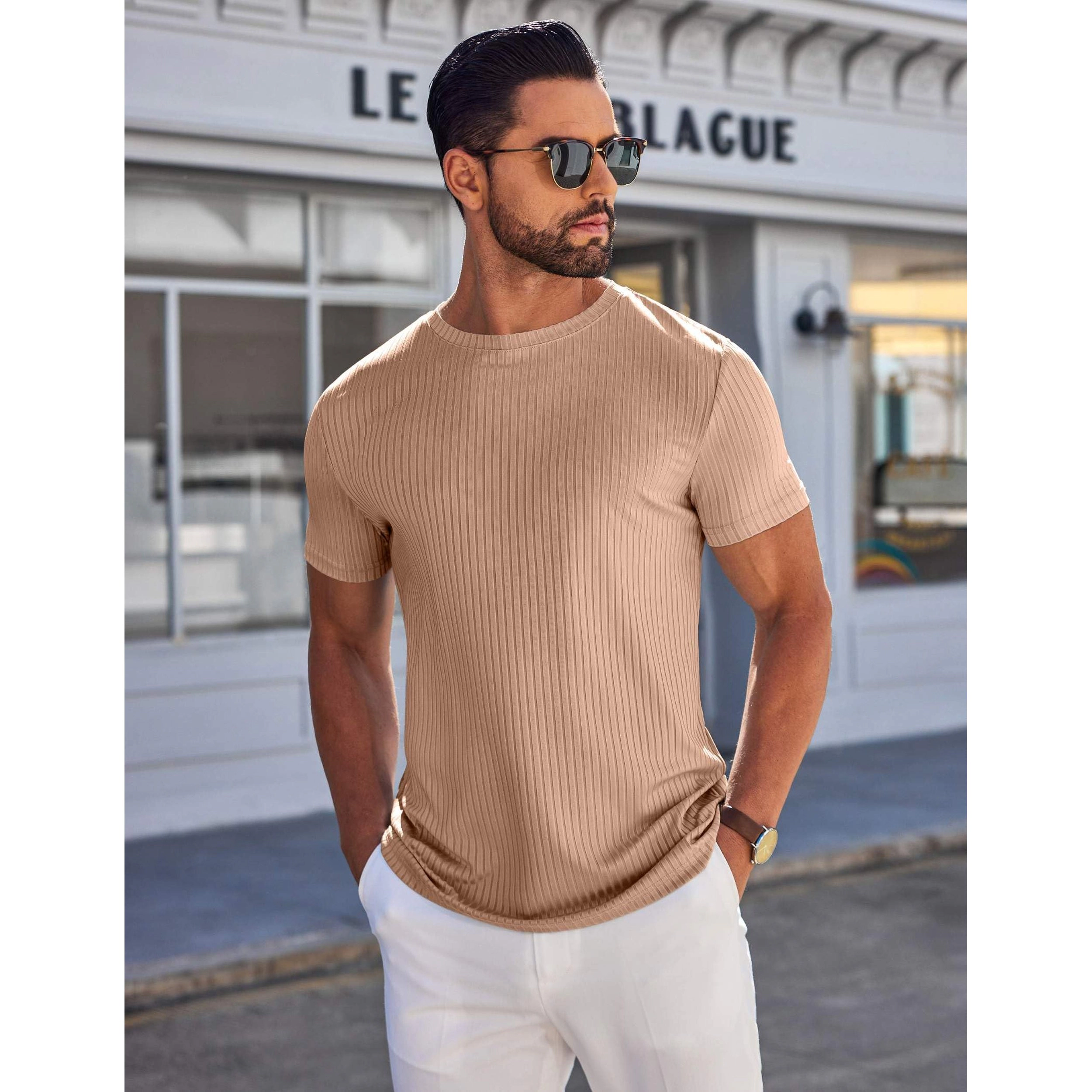 COOFANDY Mens Ribbed Short Sleeve T-Shirt Crew Neck Slim Fit Curved Hem Casual Tee