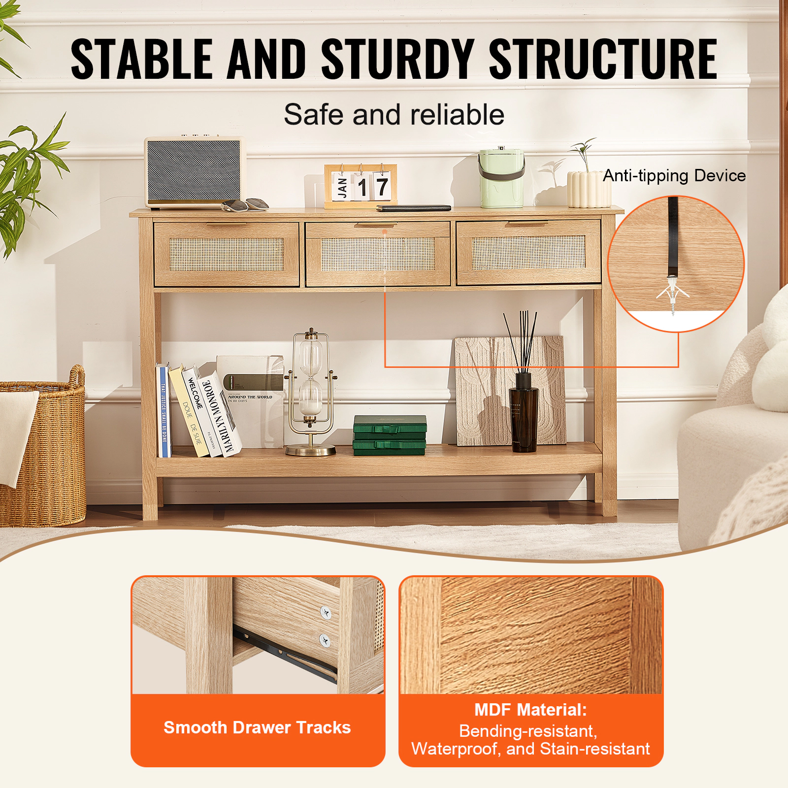 HONGGE Natural Rattan Console Table with 3 Storage Drawers, Narrow Entryway Table for Living Room, Study, TV Wall