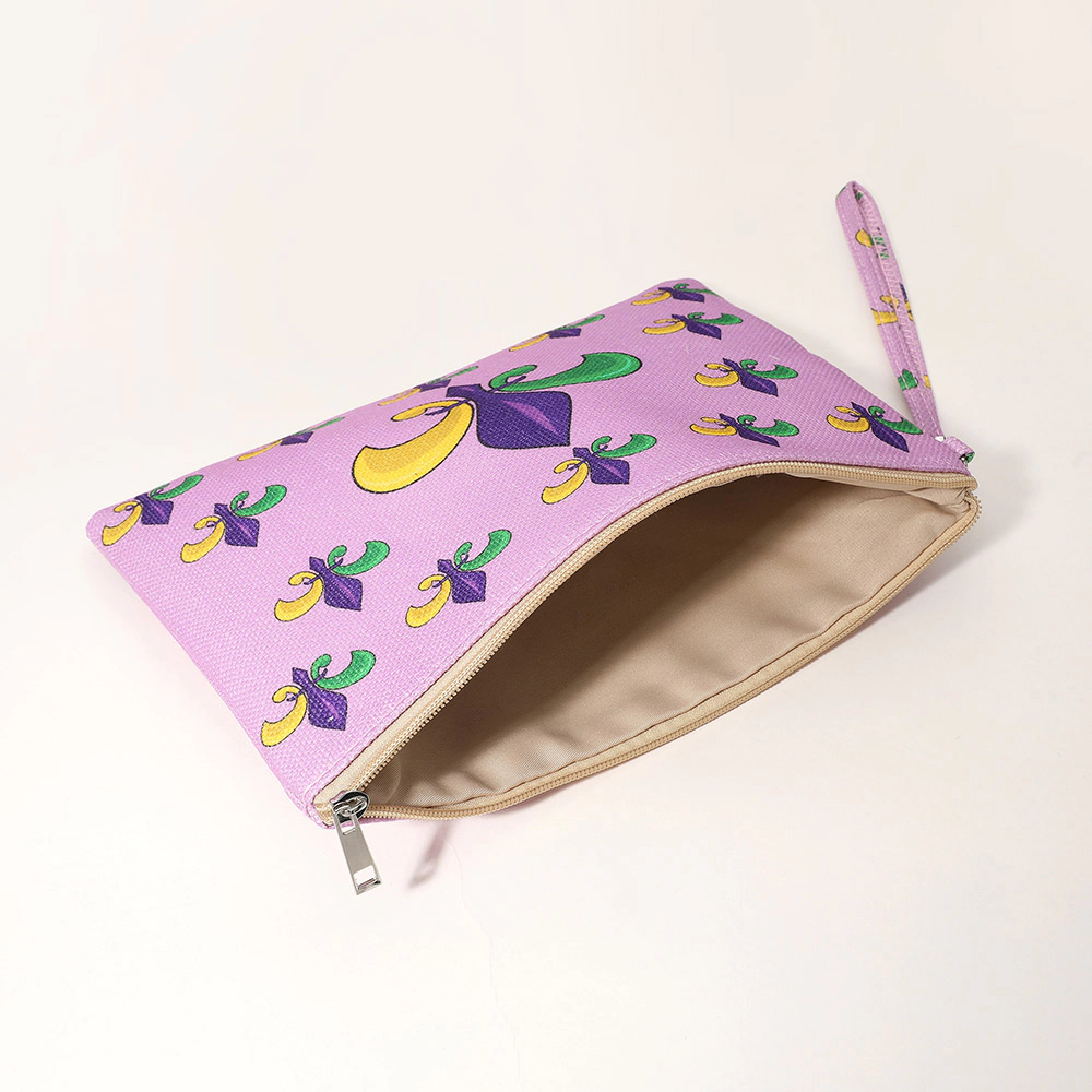 FASHNZFAB Mardi Gras Fleur de Lis Pattern Printed Pouch Bag / Clutch Bag with Wristlet