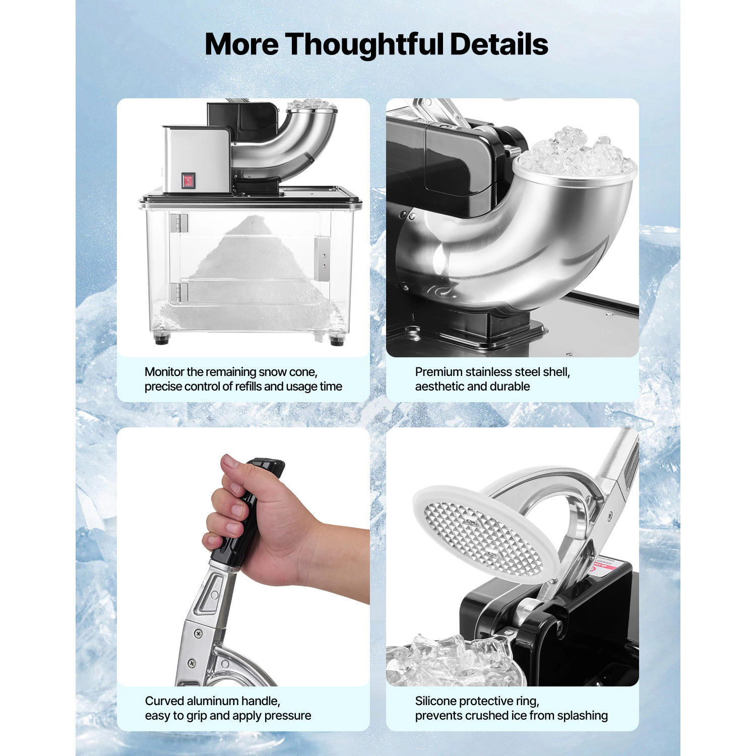 HONGGE Commercial Ice Crusher 661LBS /H 350W Electric Snow Cone Machine with 4 Blades 2000RPM Stainless Steel Shaved