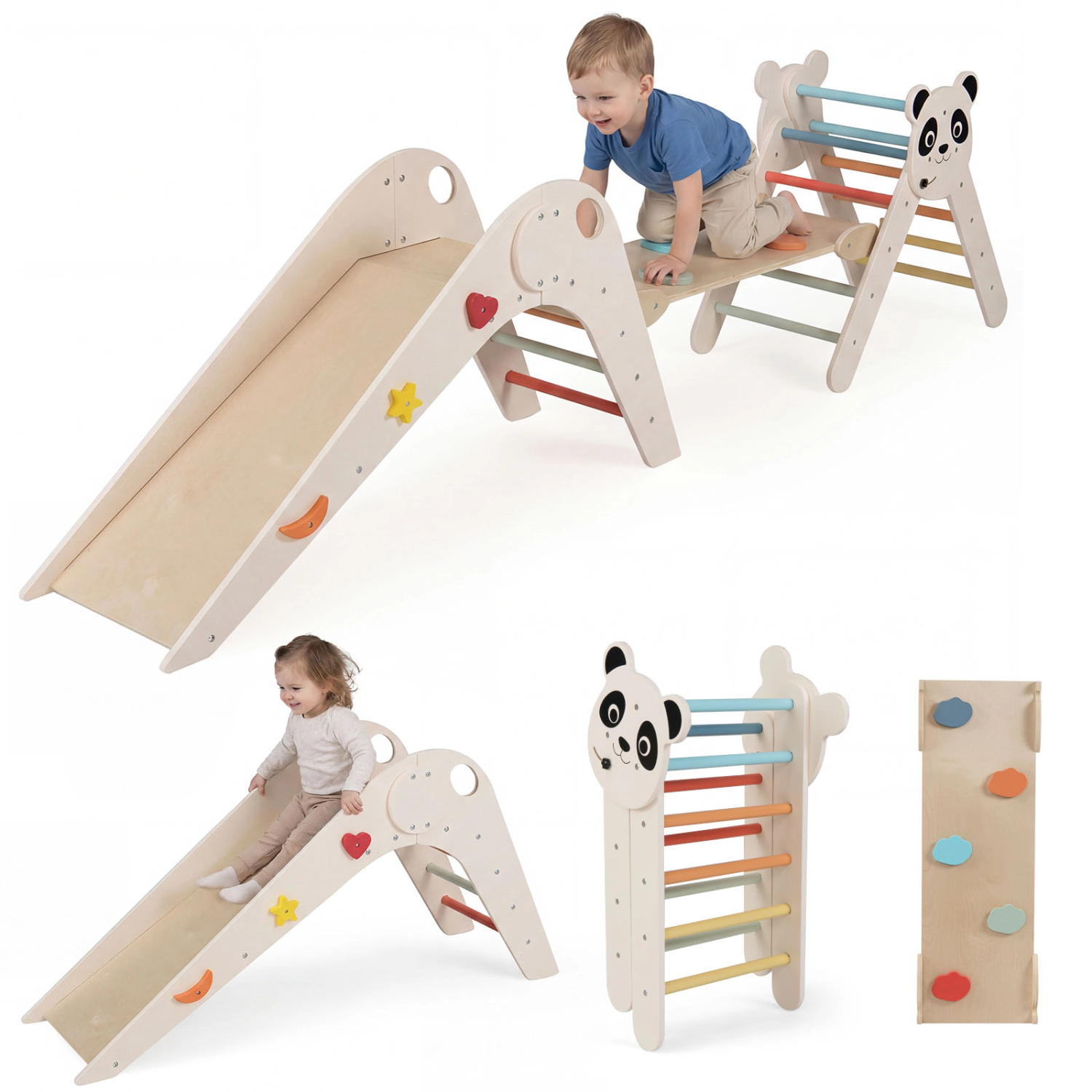 LJG Triangle Set Foldable Kids Climbing Toys Panda-Themed Wood Montessori