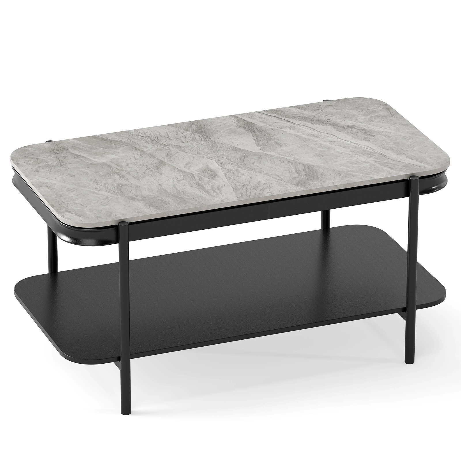 SUGIFT 2-Tier Sintered Stone Top Black Metal Frame Modern Coffee Table 35.5-in x 19.5-in x 18-in 100-lb Capacity Gray