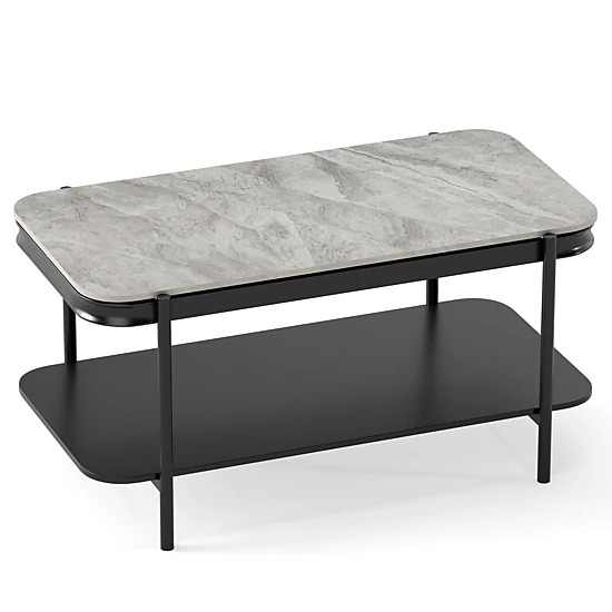 SUGIFT Sintered Stone Top Metal Frame 2 Tier Open Shelf Coffee Table In Gray