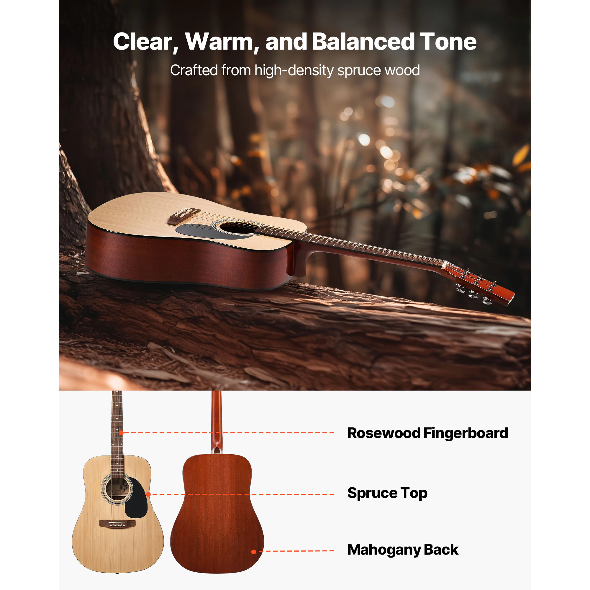 HONGGE Dreadnought Acoustic Guitar, 6-String Solid Top Guitar Bundle with Gig Bag, Tuner, Strap, Strings, Picks, Capo