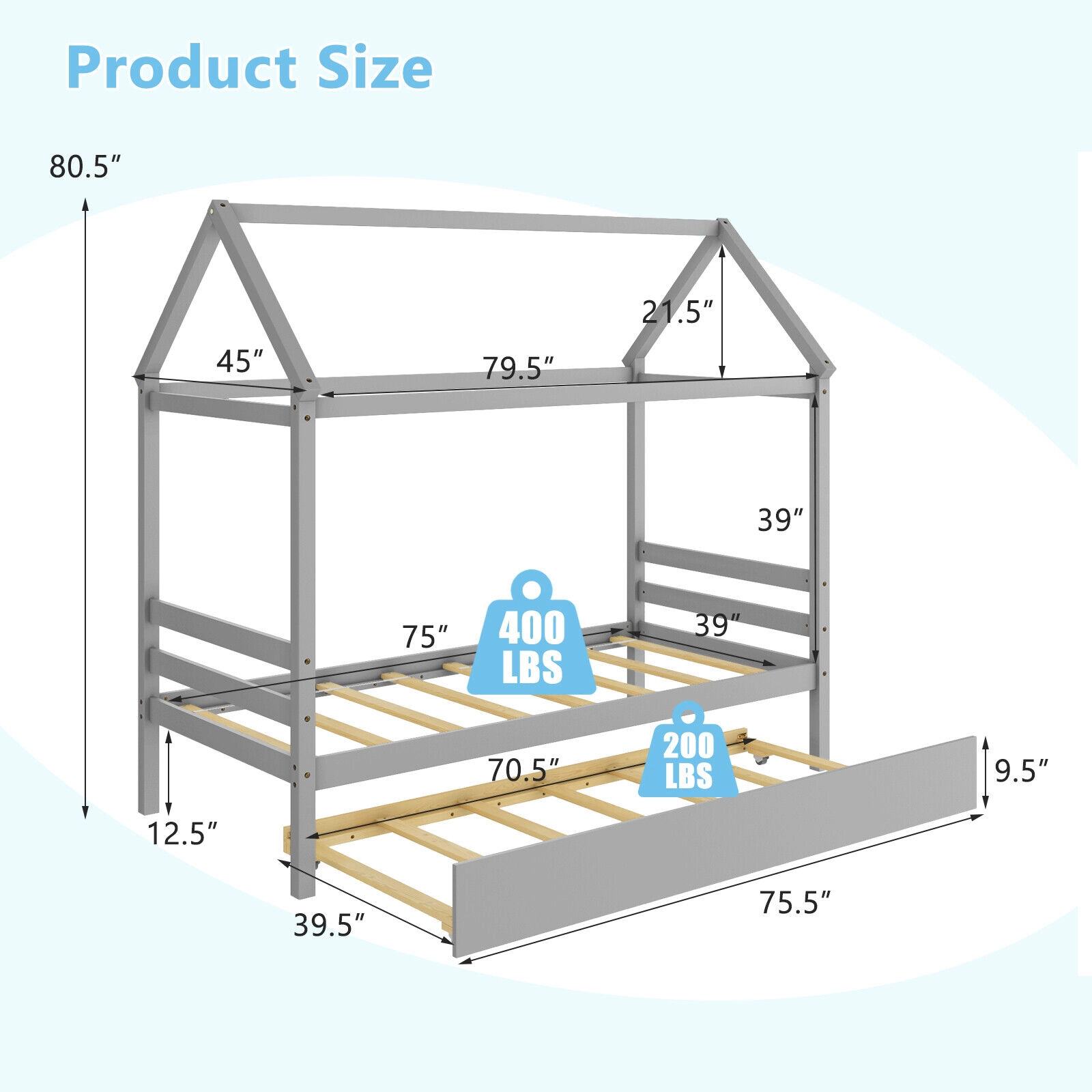 SUGIFT Gray Roof and Pull-Out Trundle Twin Size Kids House Bed Frame