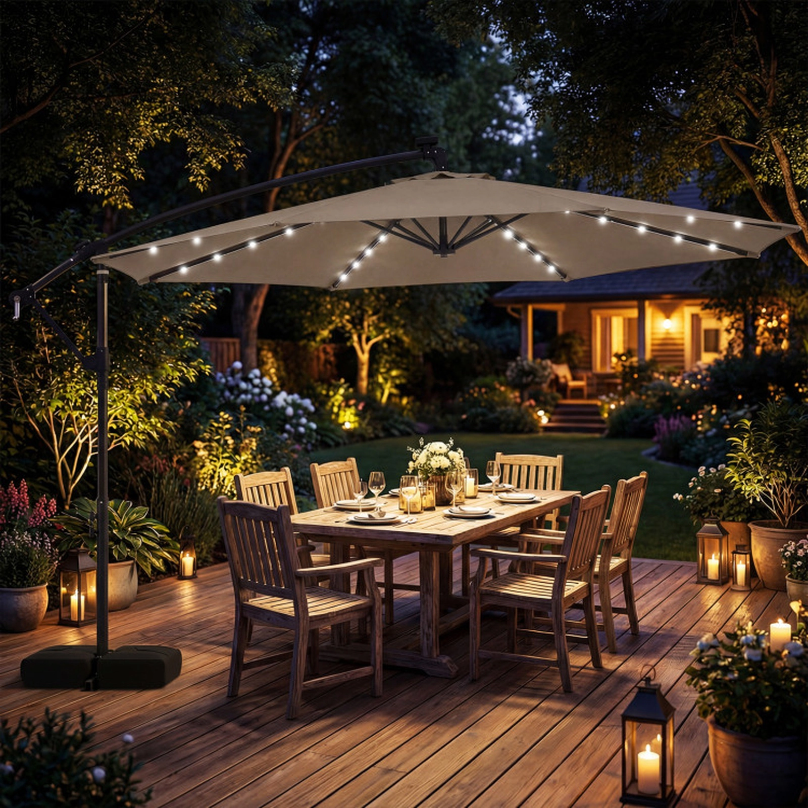 SUGIFT Weighted Cross Base 10 FT Solar LED Offset Cantilever Patio Umbrella