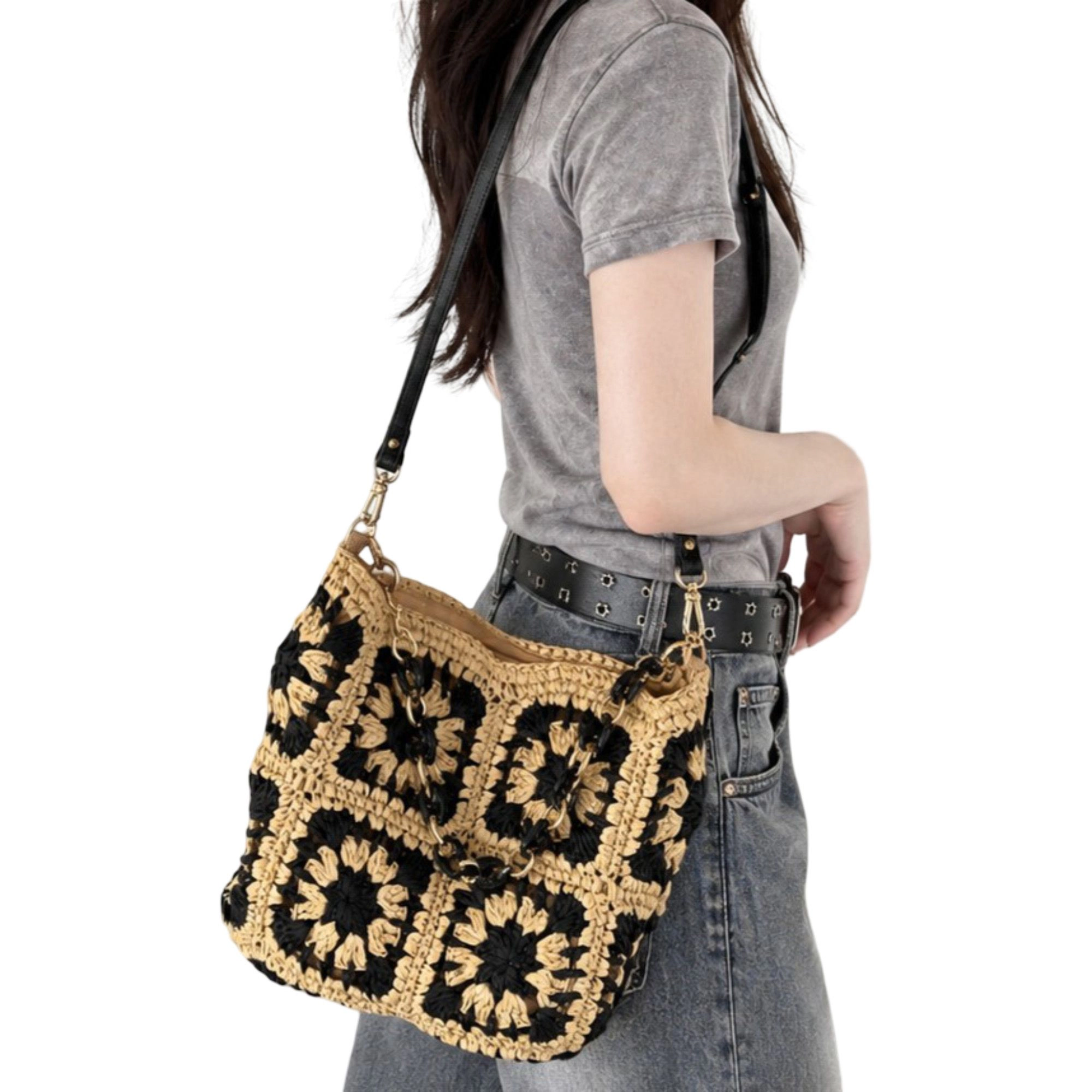 Alilang Women's Handcrafted Straw Shoulder Bag with Adjustable Strap and Inner Pocket