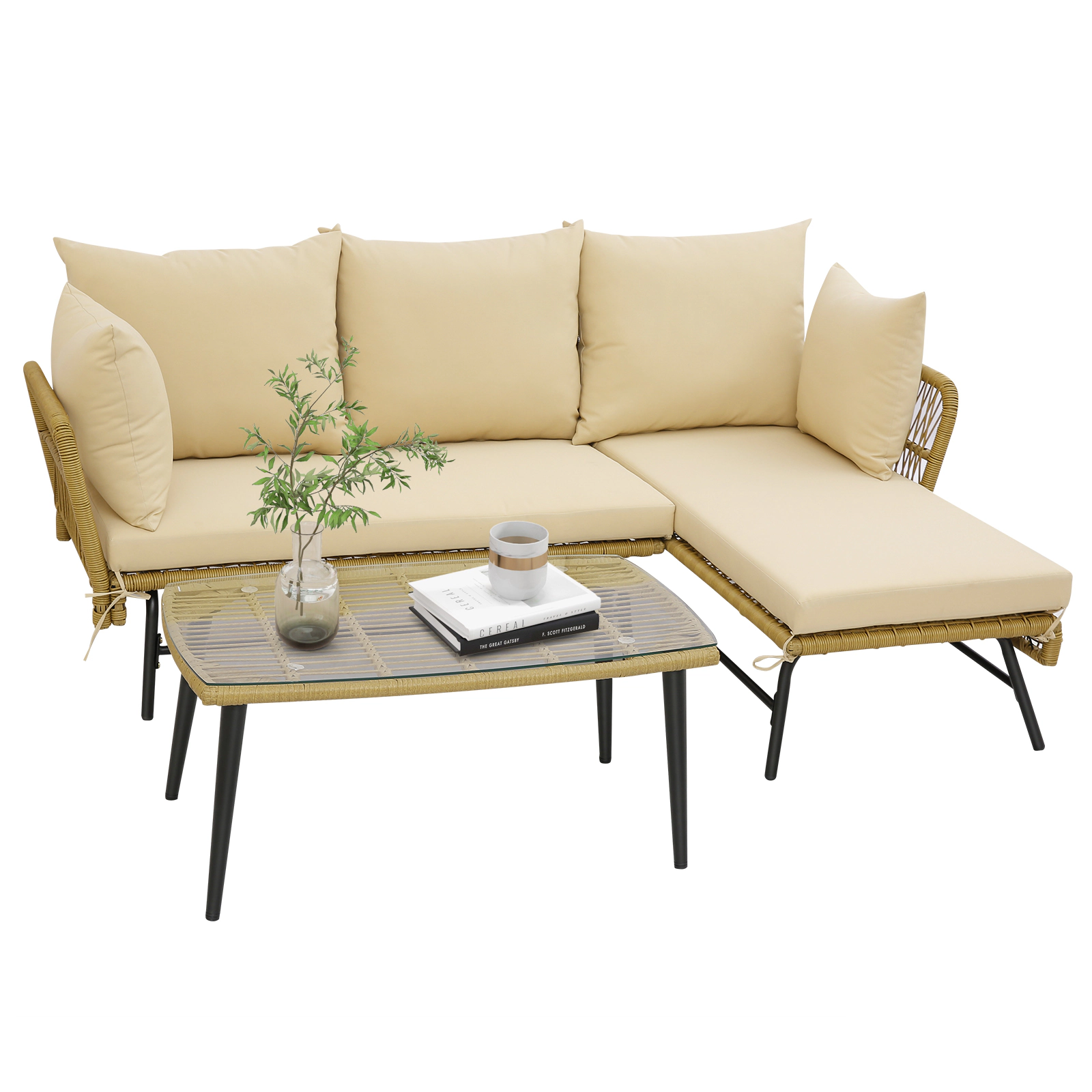 LJG 3 Pieces L-Shaped Patio Sofa with Cushions and Tempered Glass Table