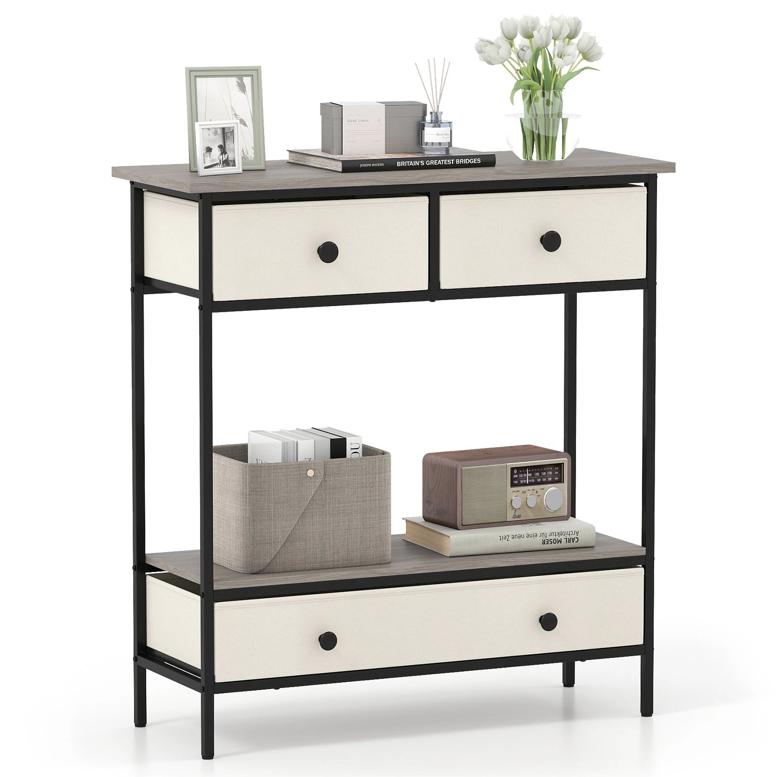 SlickBlue Farmhouse Console Table with 3 Fabric Drawers Storage