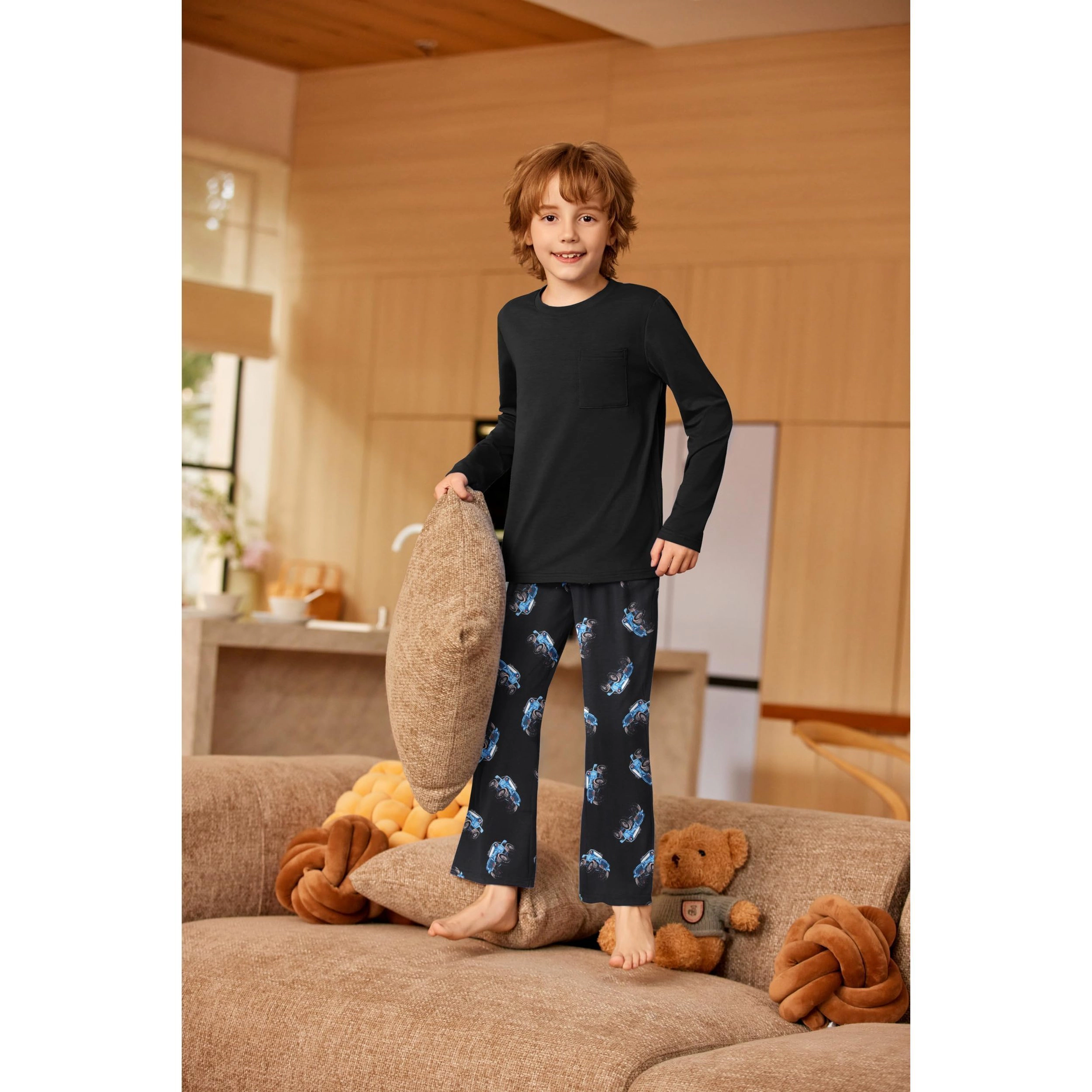 Arshiner Boys Loosefit Pajamas Long Sleeve Top And Pants Car Print Piece Pajama Set For Big