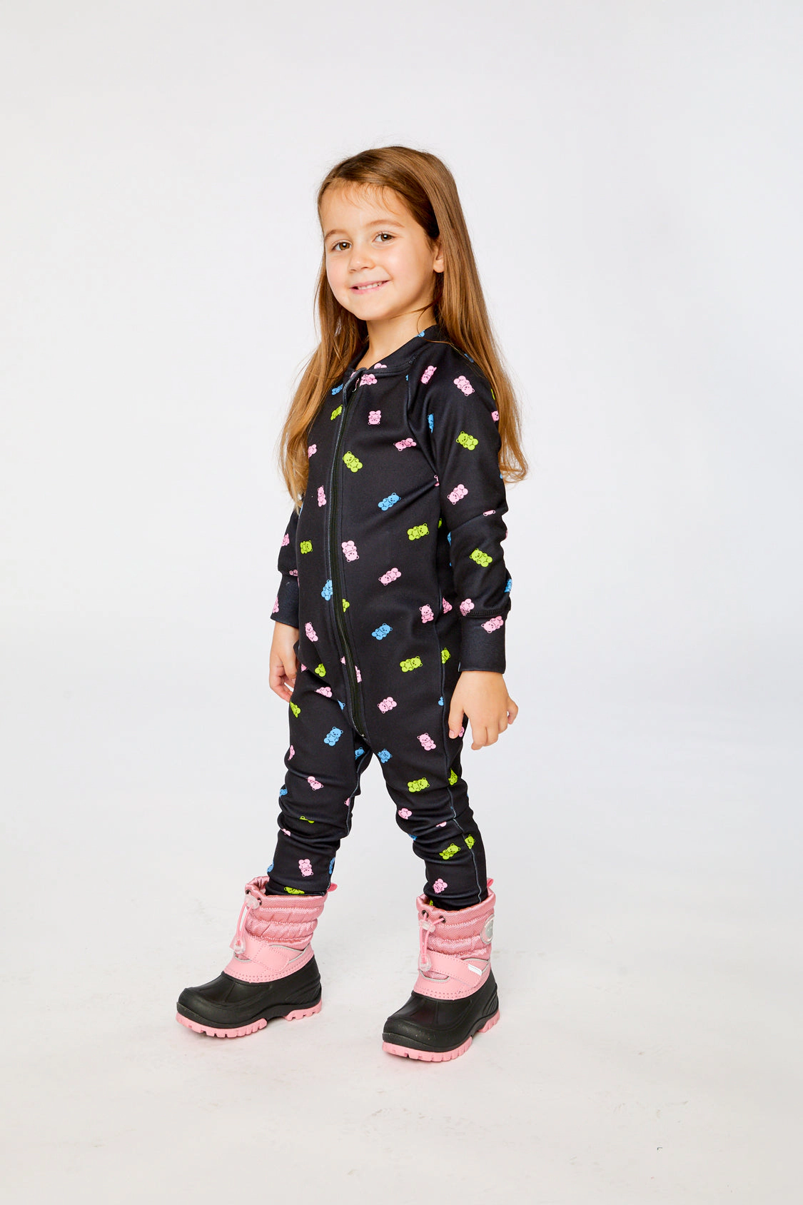 Deux par Girls One Piece Asymmetric Zip Thermal Underwear with Printed Gummy Bears