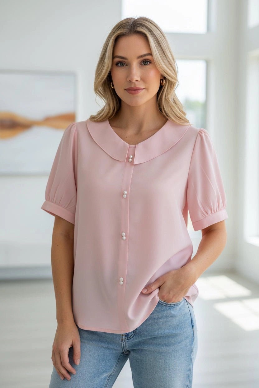 DressAtR Women's Pink Split Round Collar Pearl Detail Puff Sleeve Blouse
