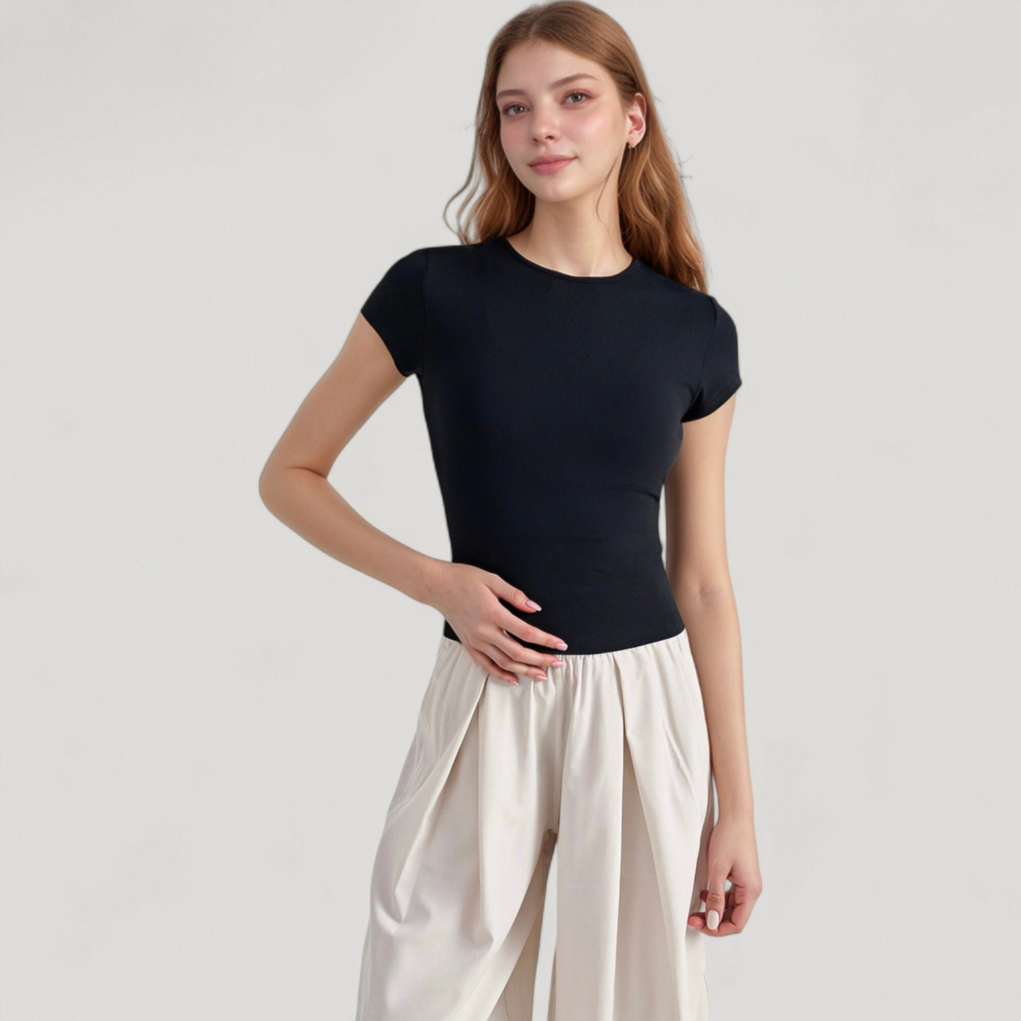 Anna-Kaci Women's Short Sleeve Fitted Crew Neck Top with Stretch Fabric for a Sleek and Comfortable Everyday Look