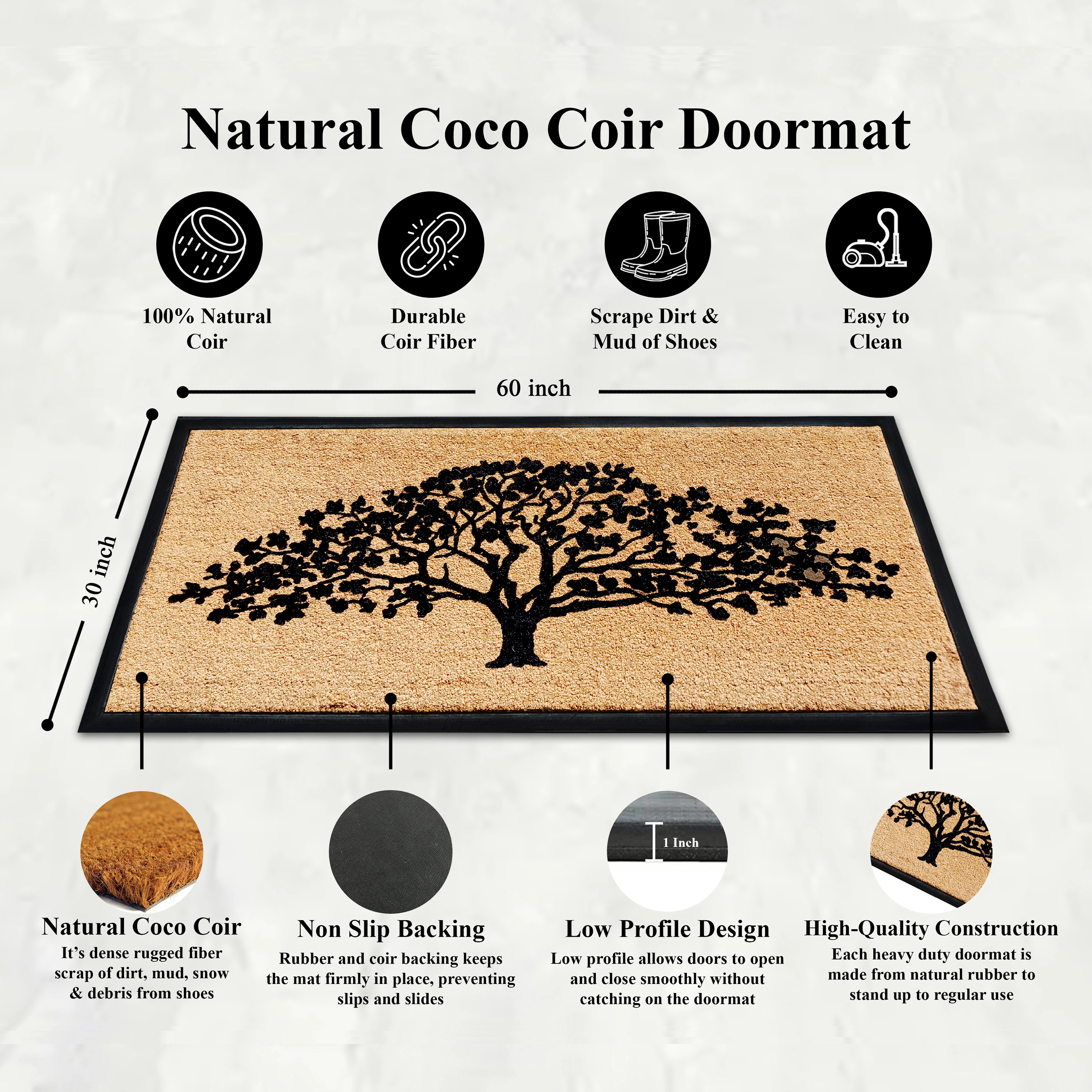A1HC Coir and Rubber Door Mat 30x60 Inches Anti-Shed Fade-Resistant Heavy Duty Oak Tree Black