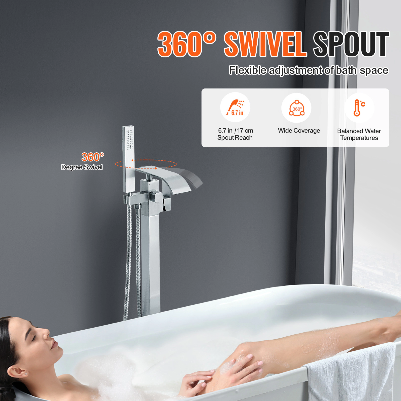 HONGGE Freestanding Bathtub Faucet with Handheld Shower, Floor Mount Tub Filler, 360 Degree Swivel Spout