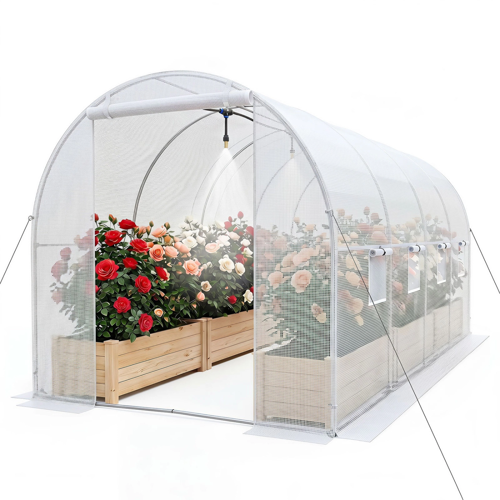 SUGIFT 15-ft x 7-ft Walk-in Tunnel Greenhouse with Watering System 49-ft Hose and Galvanized Steel Frame