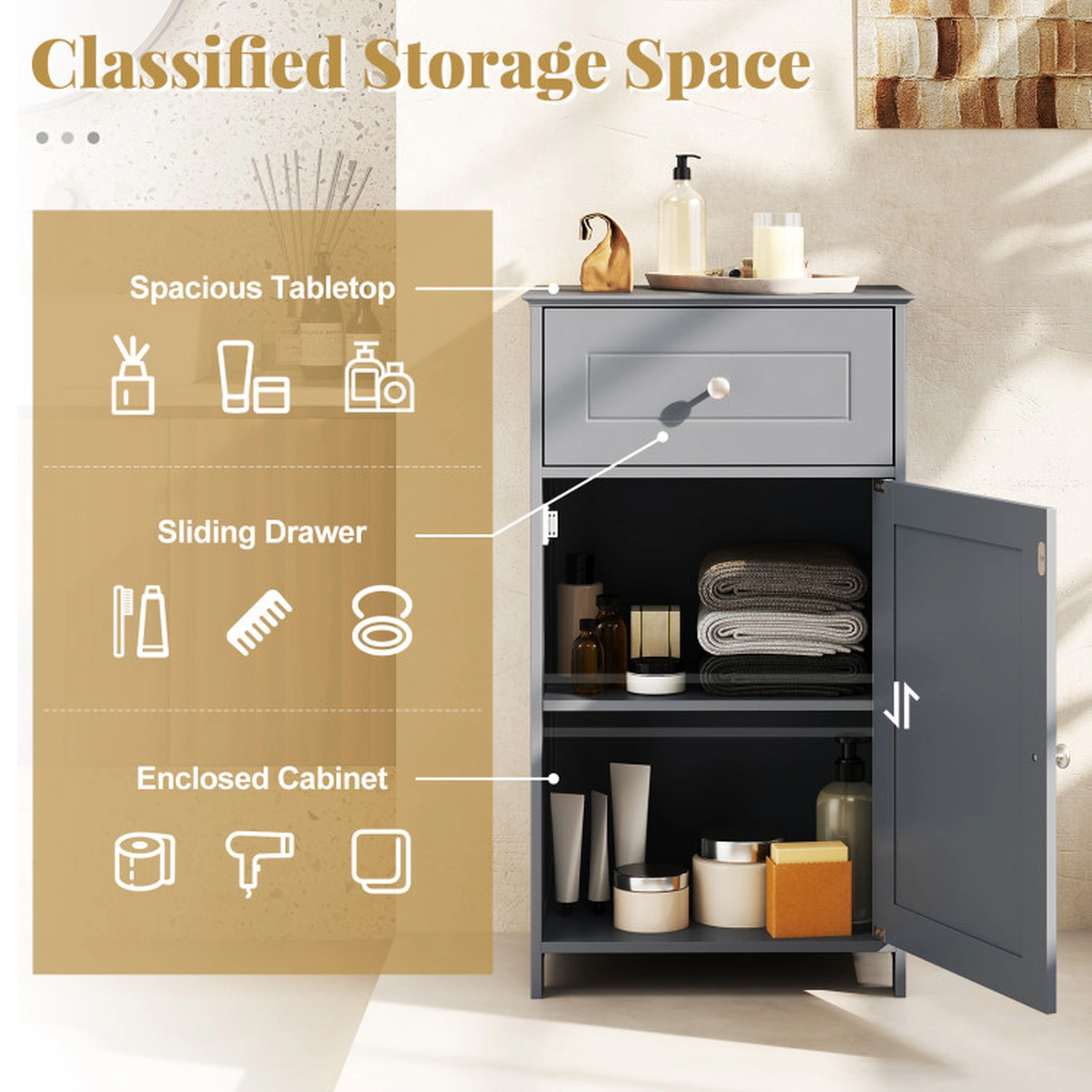 SUGIFT Drawer Single Door 3-Level Shelf Freestanding Bathroom Cabinet 17-in x 13.5-in x 30.5-in 220-lb Capacity Gray