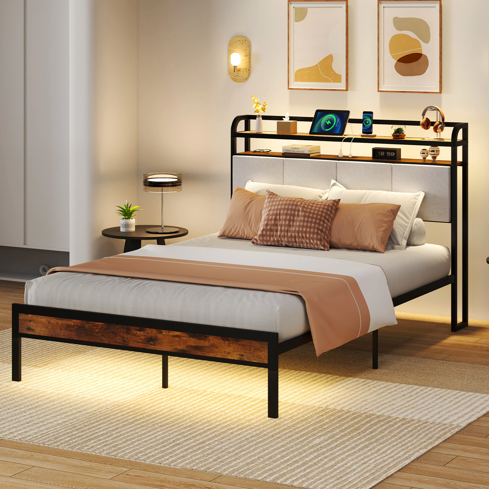 Full Size Metal Bed Frame with LED Light and Charging Station 2-Tier Storage Headboard Platform Bed Rustic Brown