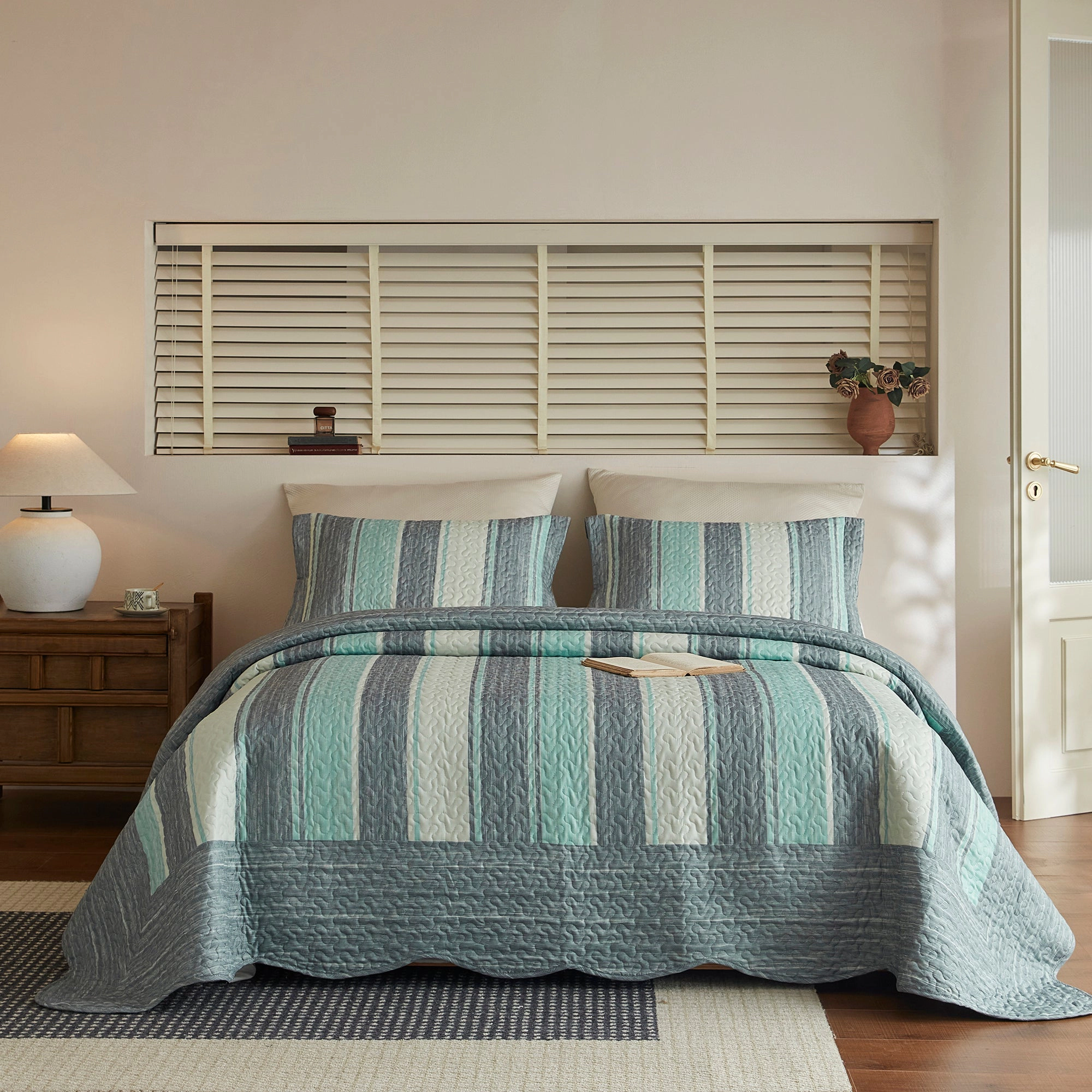MarCielo 3 Pieces Modern Striped Quilt Bedspread Set,Lightweight Coverlet