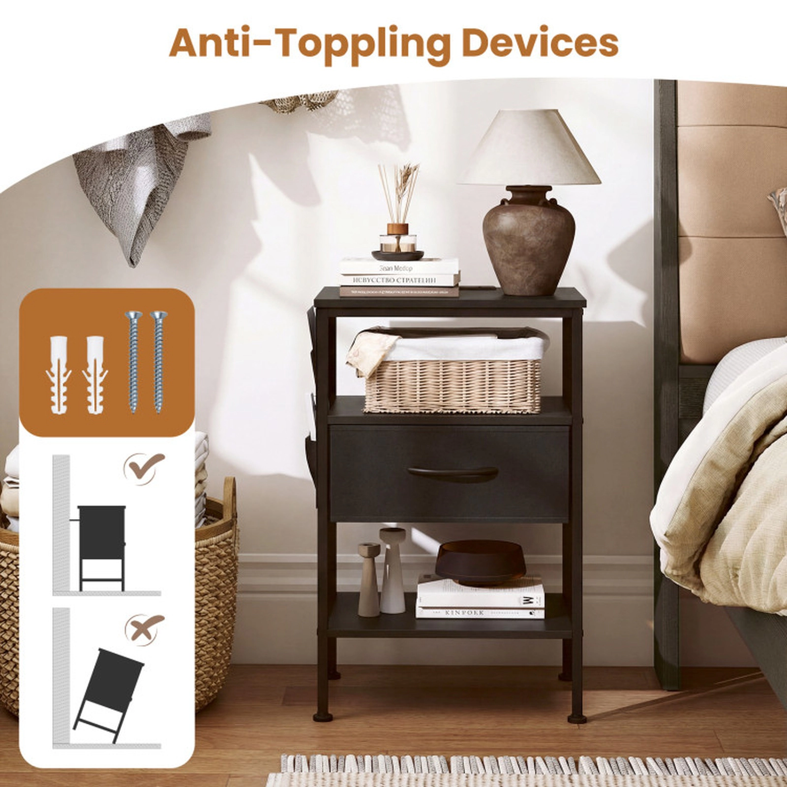 SUGIFT Nightstand Charging Station Modern Bedside Table 123.5-lb Tabletop Capacity 24.5-in Tall Rustic Brown & Black
