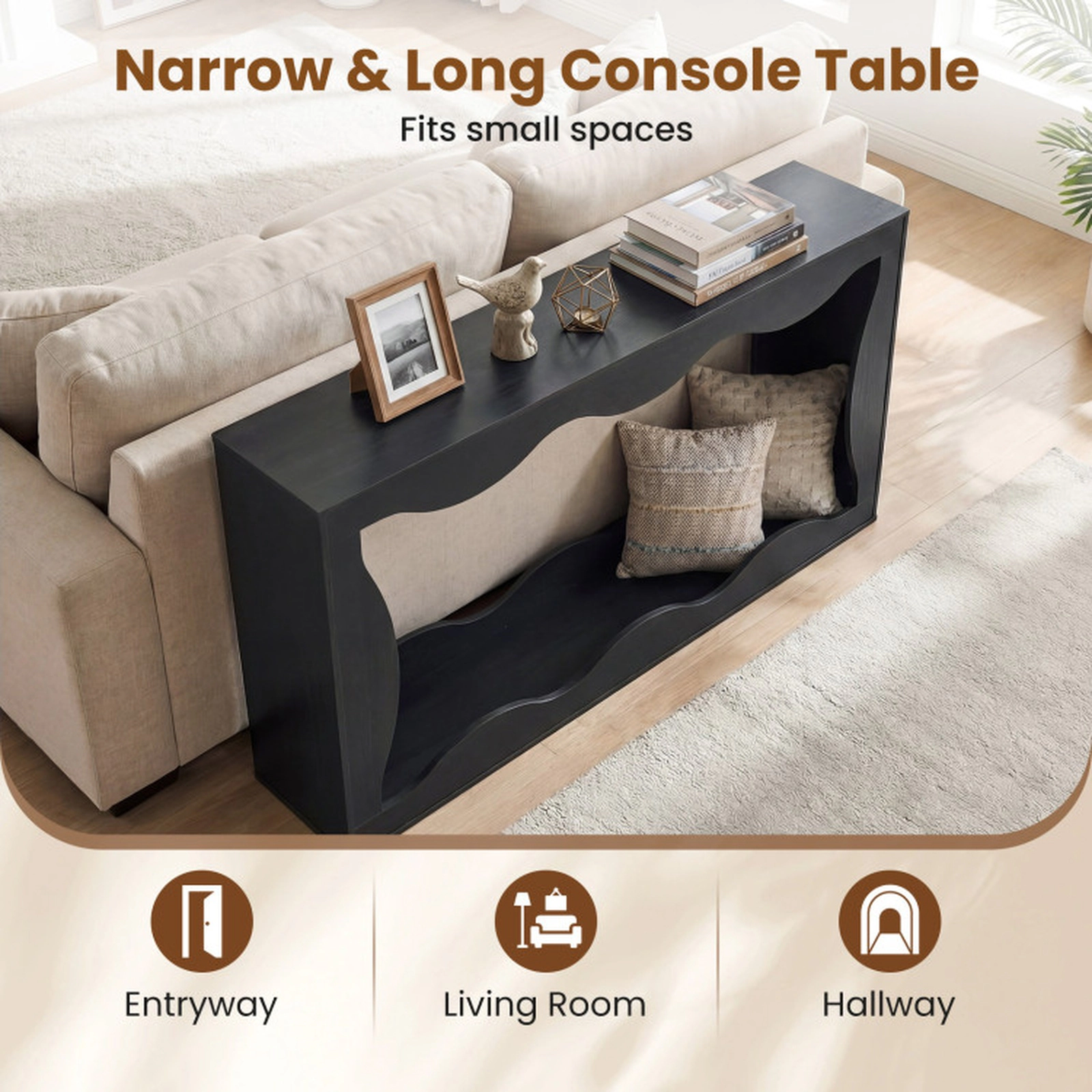 SUGIFT 63-in 2-Tier 132-lb Capacity Narrow Black Console Table with Wavy Cut-Out Edge and Open Bottom Shelf