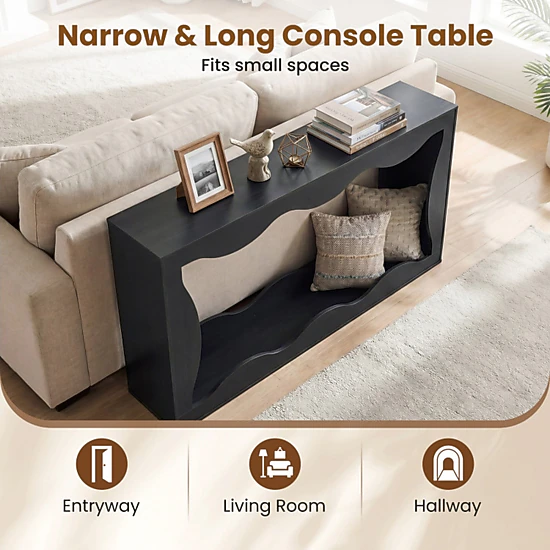 SUGIFT 63-in 2-Tier 132-lb Capacity Narrow Black Console Table with Wavy Cut-Out Edge and Open Bottom Shelf