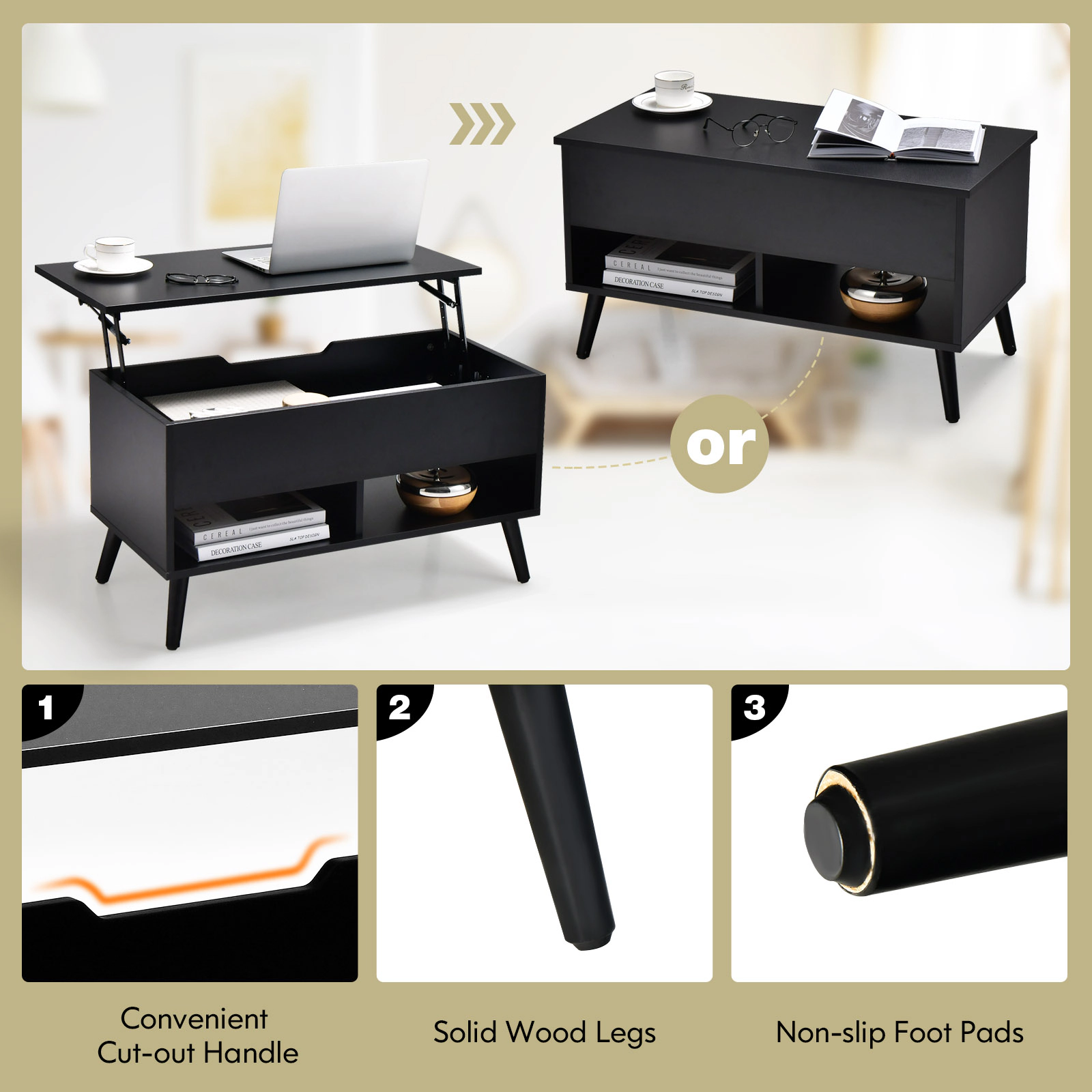 Glintex 31.5-Inch Lift-Top Coffee Table with Hidden Compartment and Shelves, Black