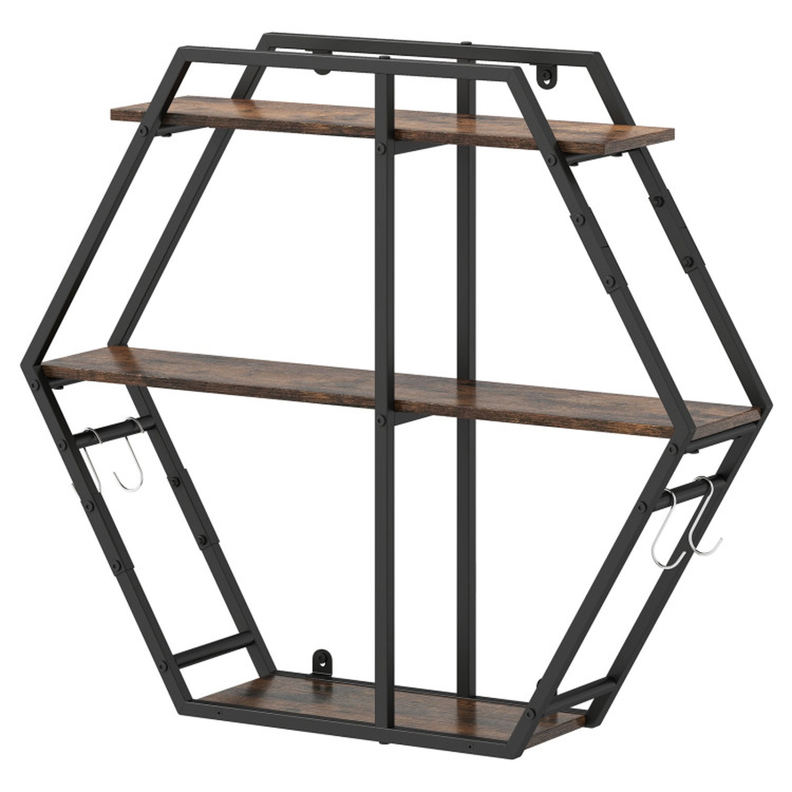 SUGIFT 3-Tier Hexagon Wall Mount Bookcase with S-Shaped Hooks 80-lb Capacity 32-in Wide Rustic Brown + Black