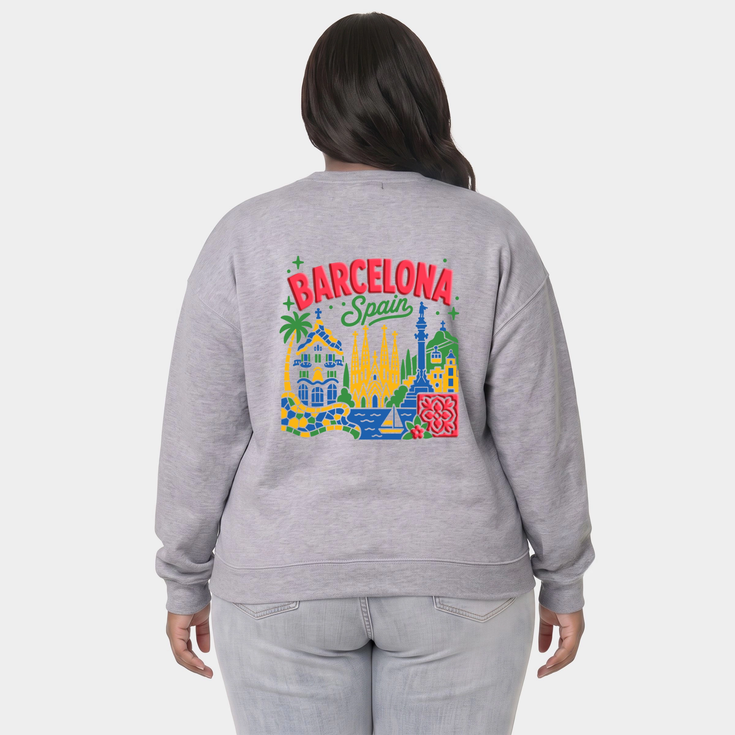 Simply Sage Market - Women's Plus Sized Graphic Sweatshirt Barcelona Vibrant Puff Print