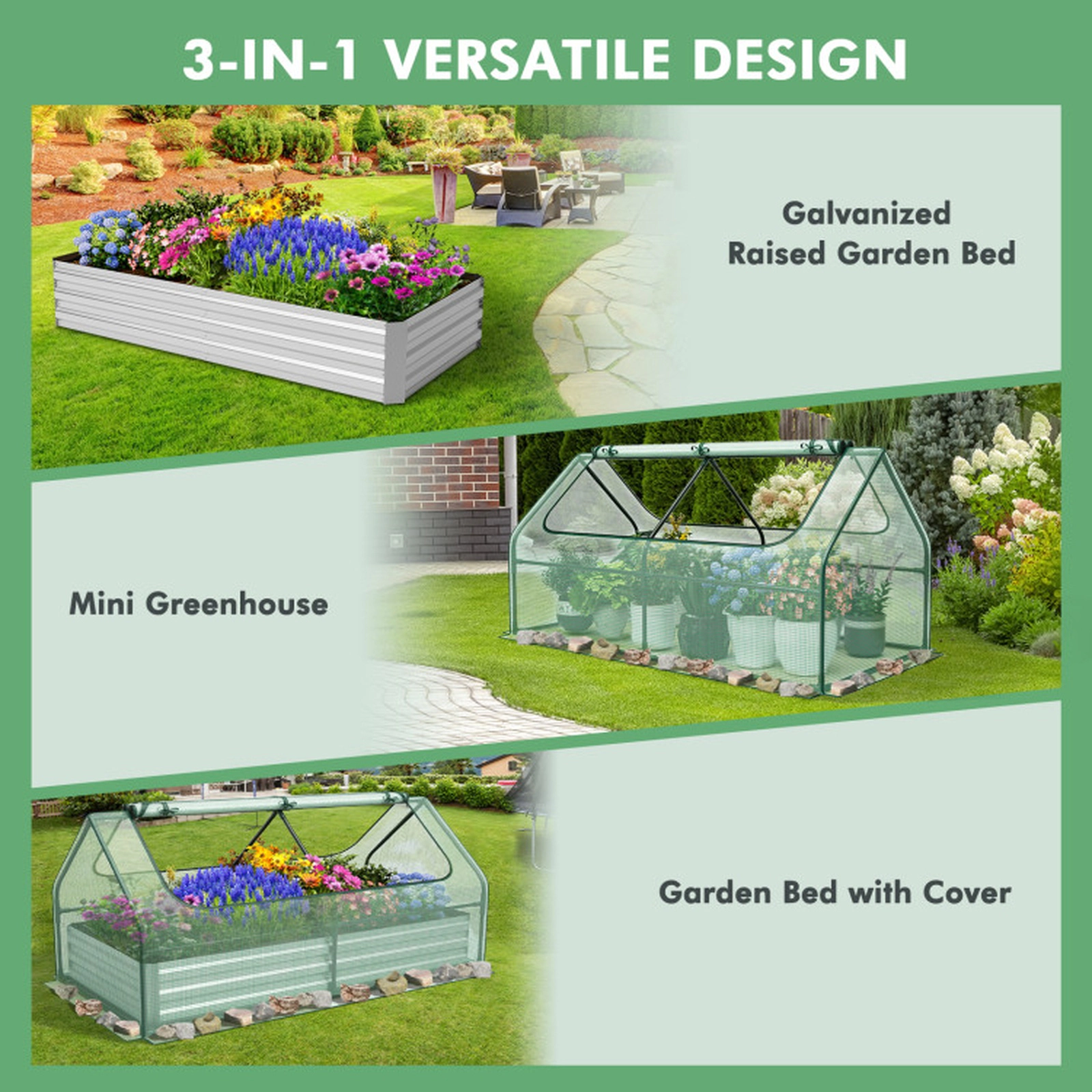 SUGIFT 6-ft x 3-ft Green Galvanized Raised Garden Bed with PVC Greenhouse Cover and 2 Roll-Up Windows