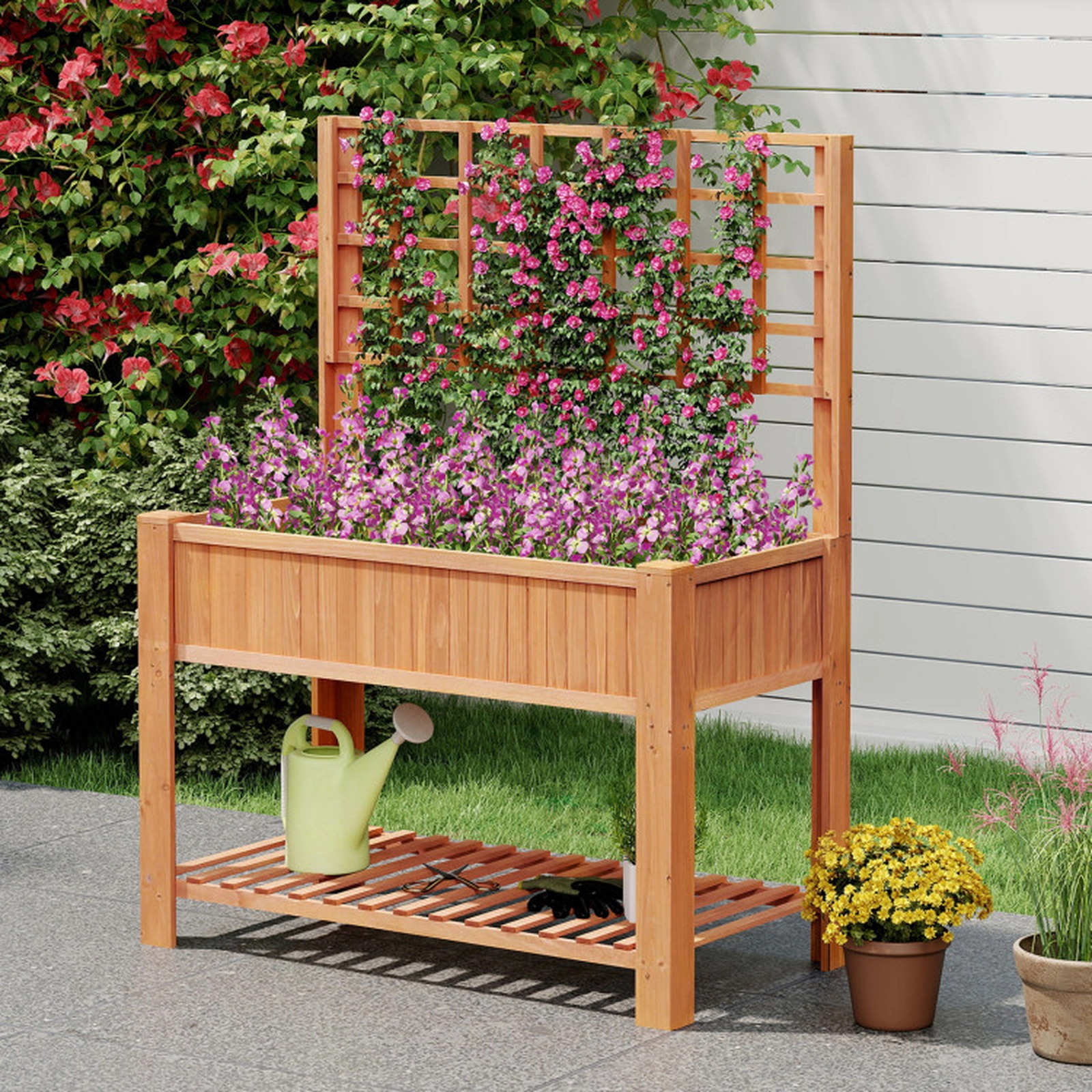 SUGIFT 59-in 110-lb Capacity Fir Wood Raised Garden Bed with Climbing Trellis Storage Shelf and L-Shaped Legs