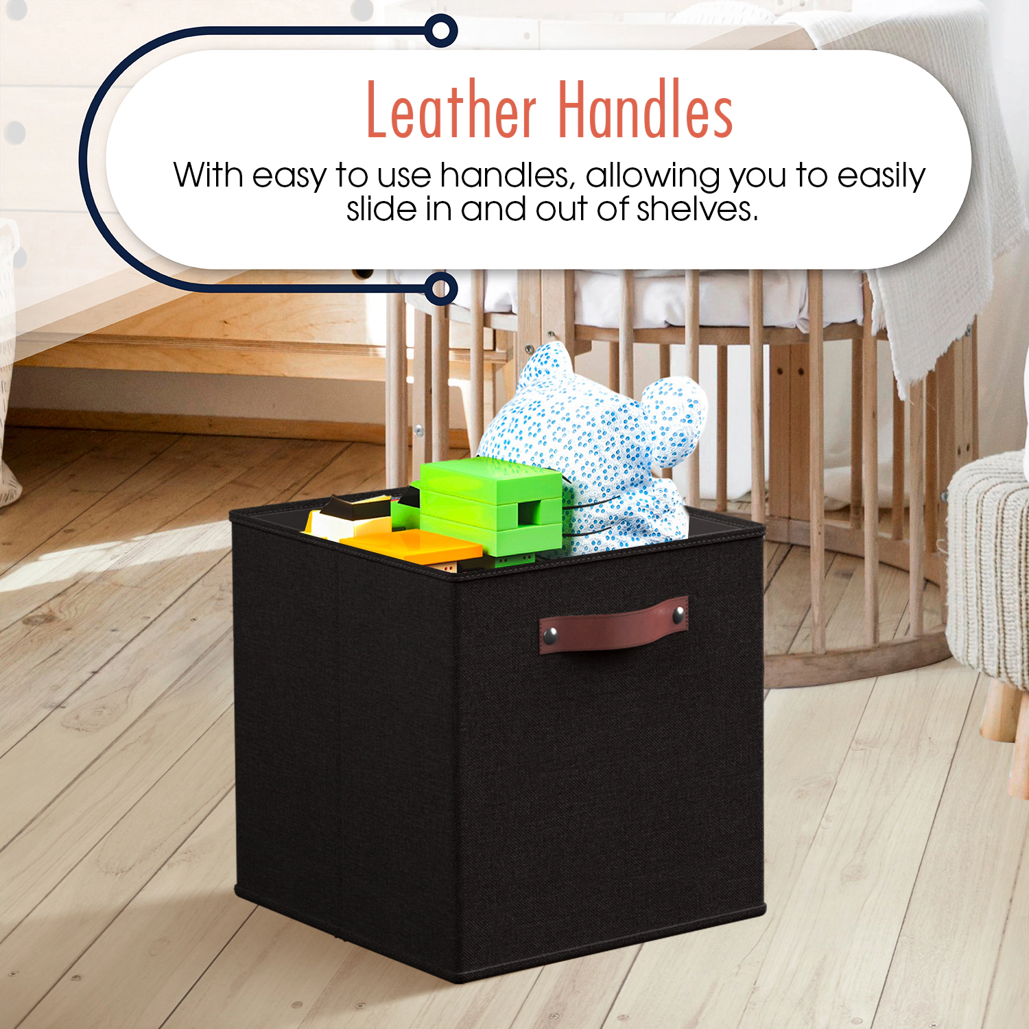 Ornavo Home 6 Pack Collapsible Linen Storage Cube Bin with Leather Handles - 11 Inch