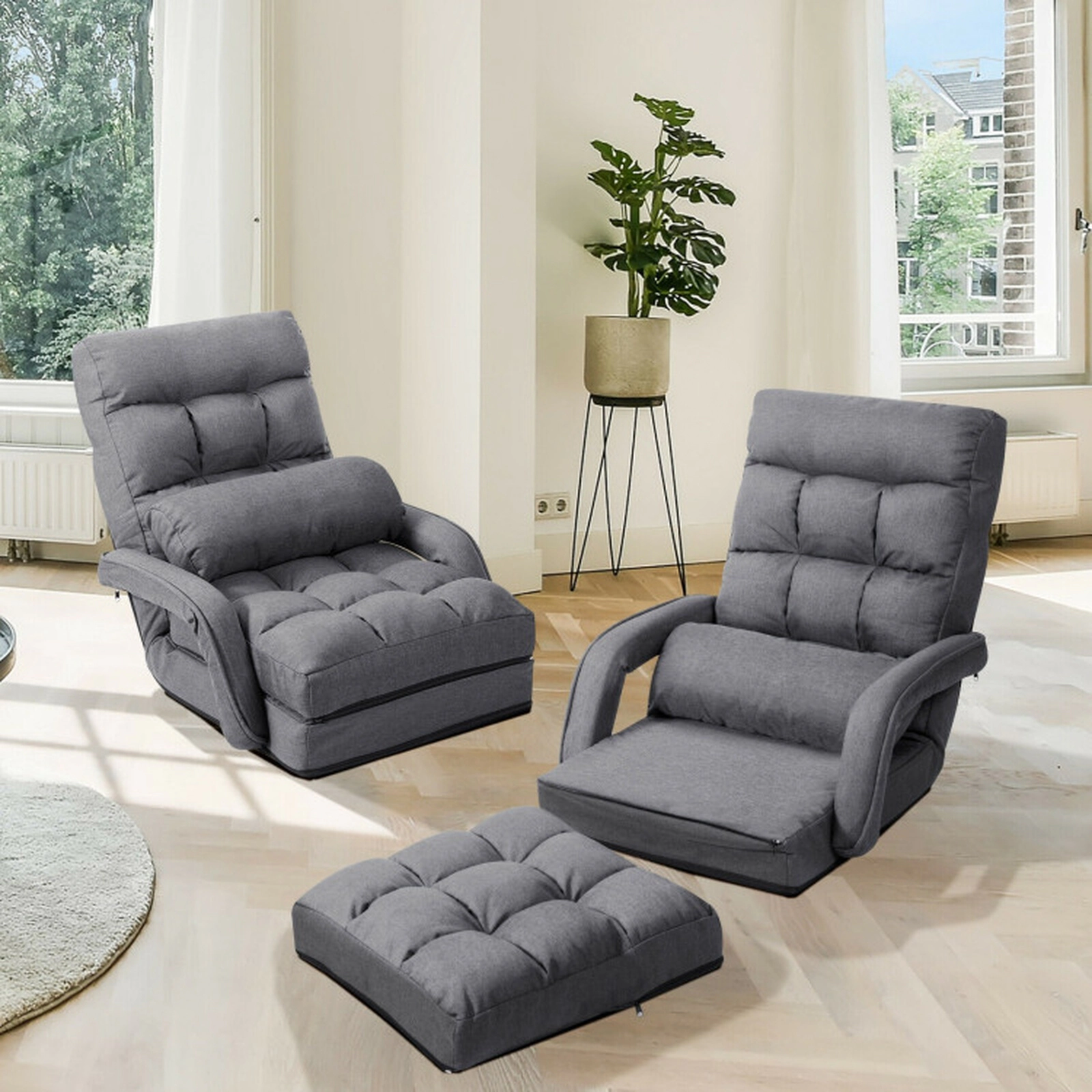 SUGIFT 6-Position Adjustable Gray Folding Floor Chair Sofa with Armrests Lumbar Pillow and Removable Cushion