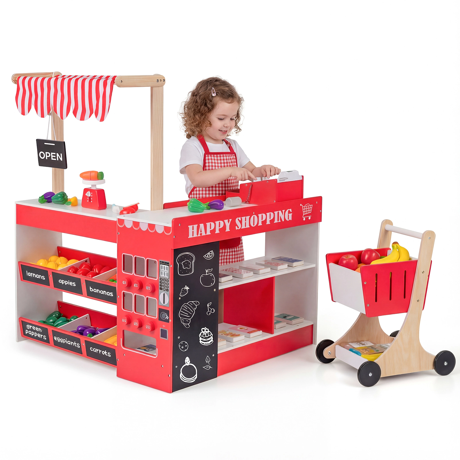 SUGIFT Kids Grocery Store Playset Pretend Supermarket Checkout Counter & Shopping Cart Ages 3+ Gray + White/Natural +