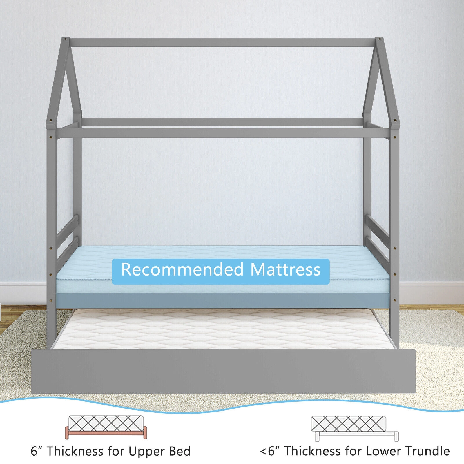 SUGIFT Gray Roof and Pull-Out Trundle Twin Size Kids House Bed Frame