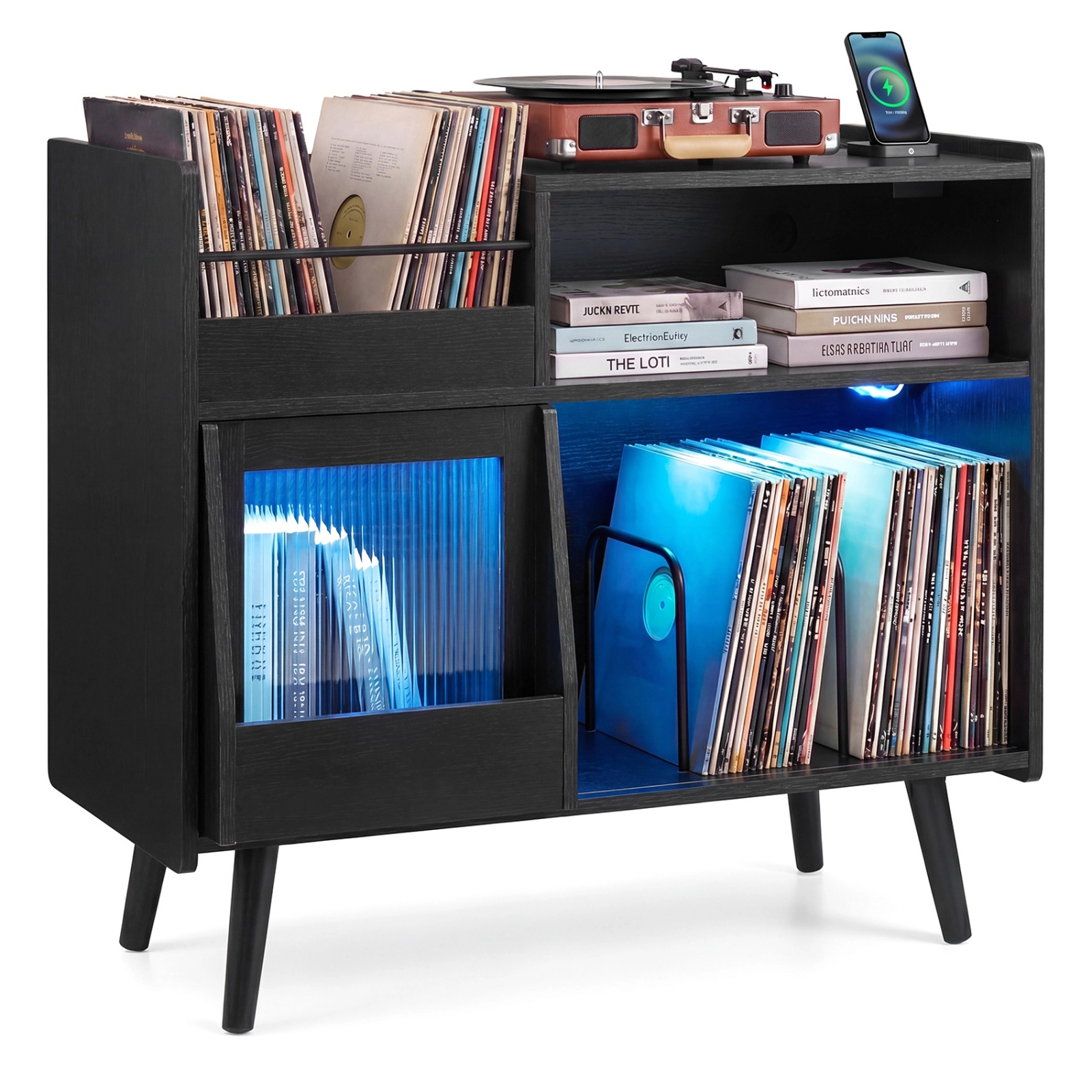 SUGIFT LED Light Record Player Stand with Charging Station 66-lb Tabletop Capacity Rustic Brown Black